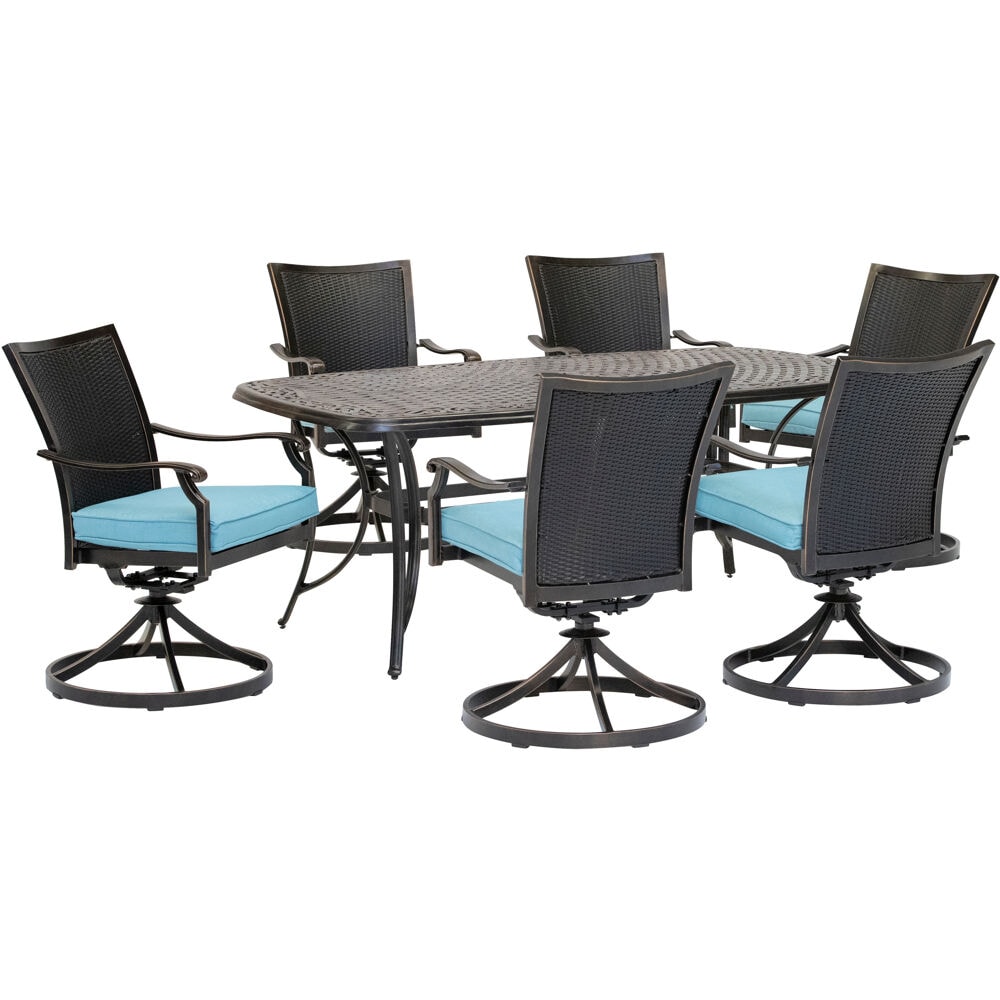 Hanover TRADDNWB7PCSWC-BLU Traditions 7 -Piece Bronze Patio Dining Set Aluminum Rectangle Table with 6 Blue Cushions Swivel Rocker Chairs