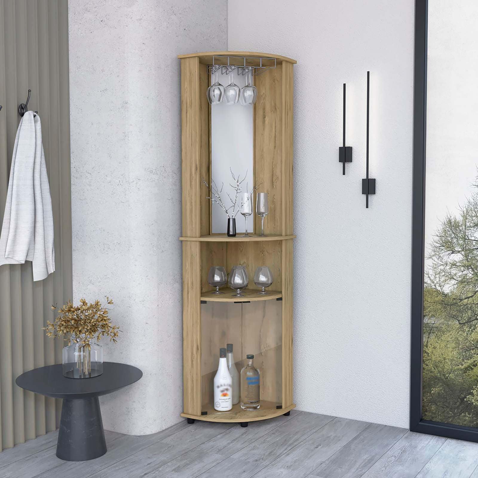 CHITA Modern Glass Storage Cabinet with Macadamia Finish Mirror Glass Doors Corner Design for Home Storage and Organization Beige