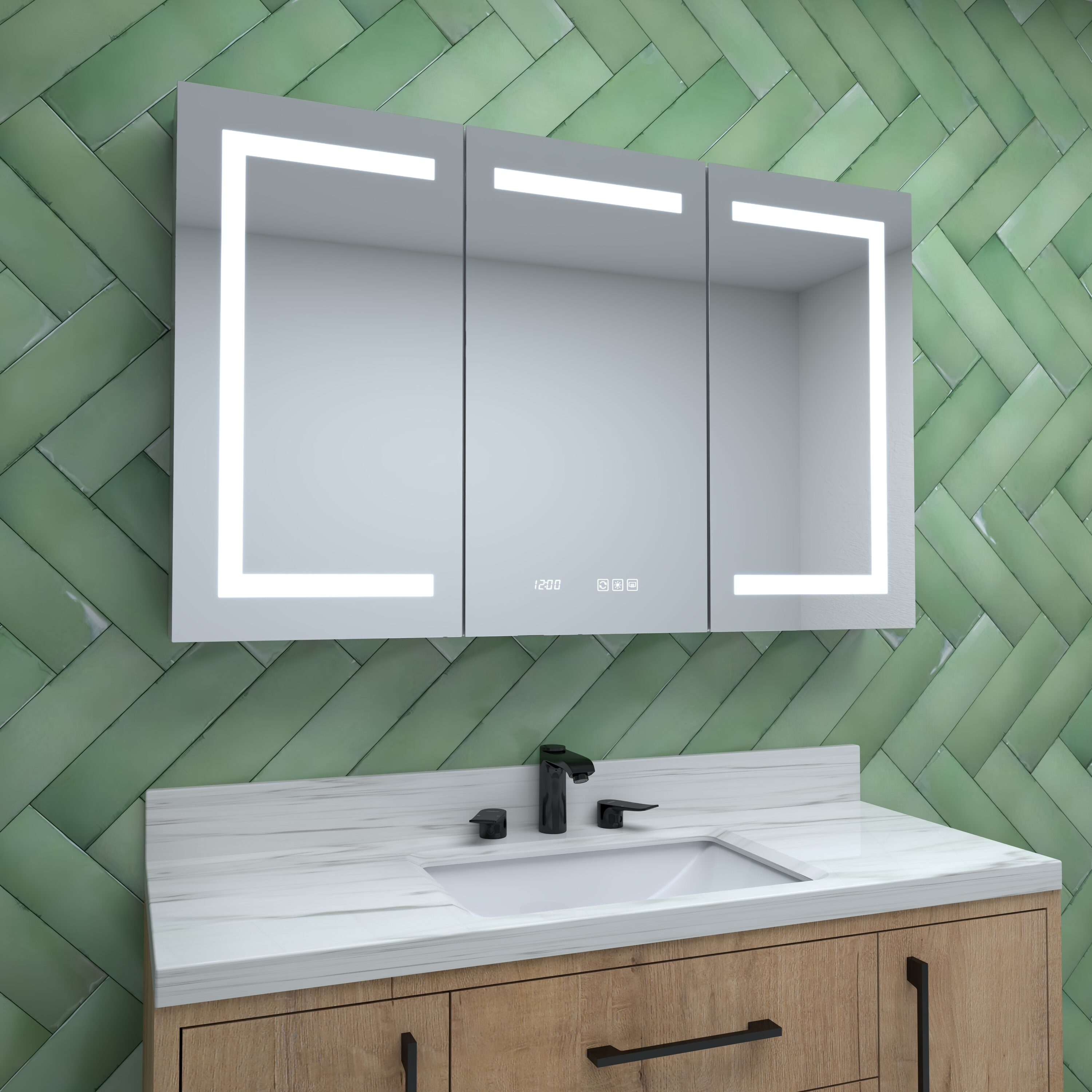 Royal Guard LMC4830-3 Clean 48-in x 30-in Lighted LED Fog Free Surface/Recessed Mount Silver Mirrored Rectangle Soft Close Medicine Cabinet with Outlet