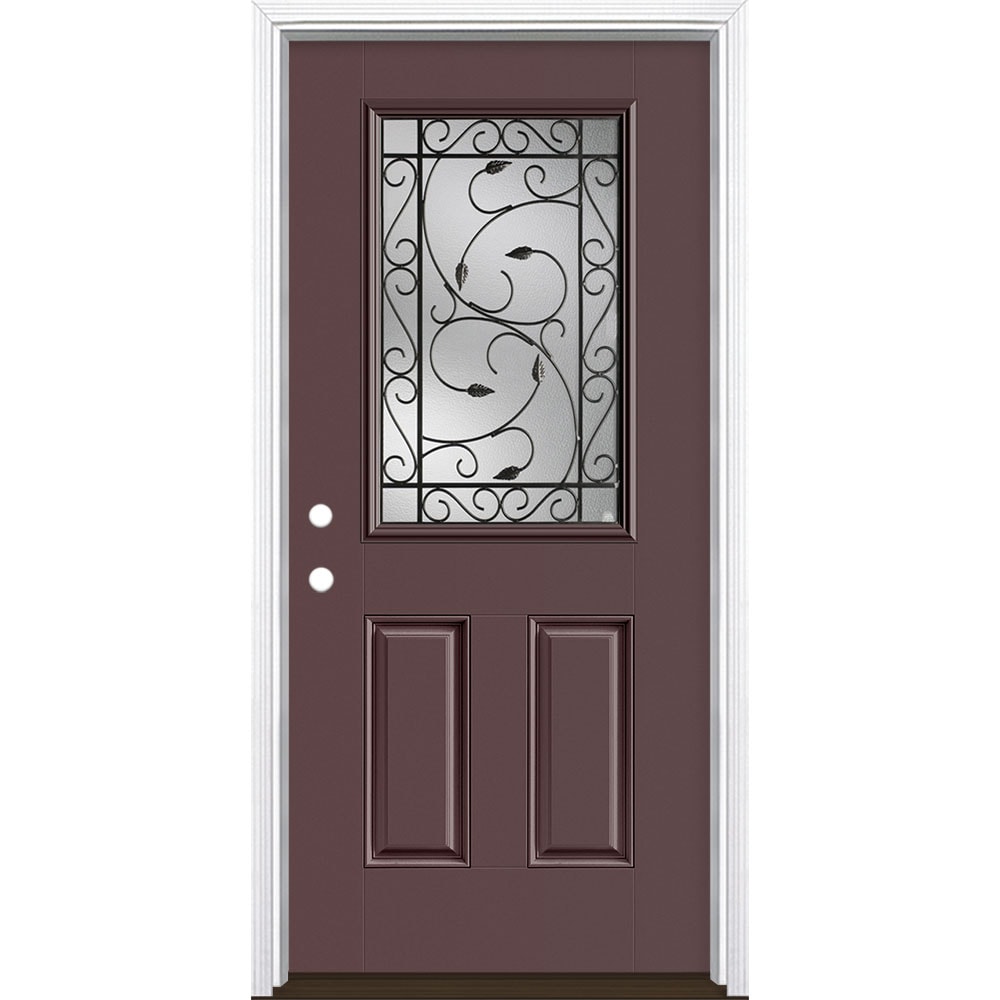 Masonite 3422628 Pergola 36-in x 80-in x 4-9/16-in Fiberglass Half lite Right-hand inswing Currant Painted Prehung Single door Front Door with Brickmould Insulating core Decorative glass