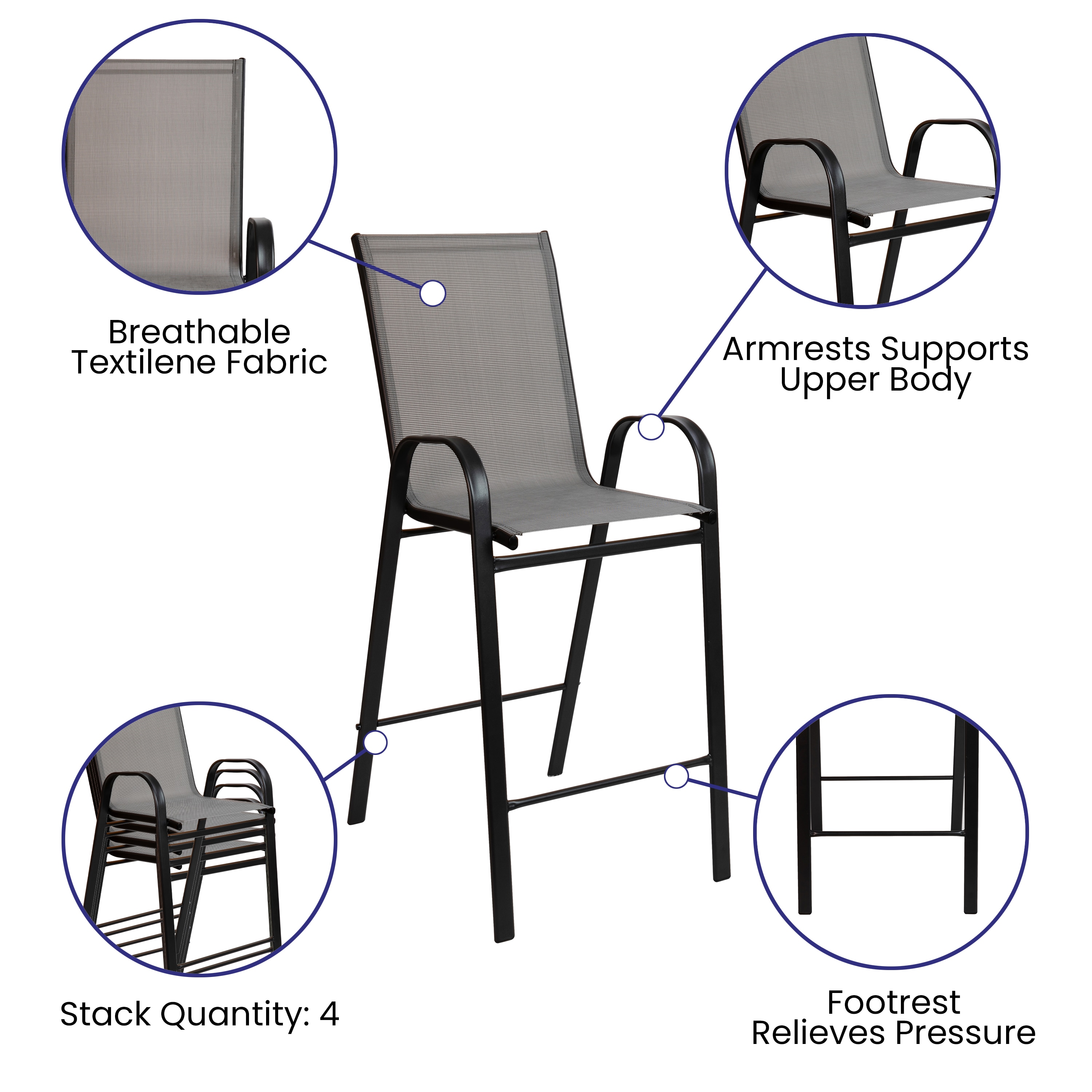 Gray 4-Person Steel and Glass Outdoor Bistro Set