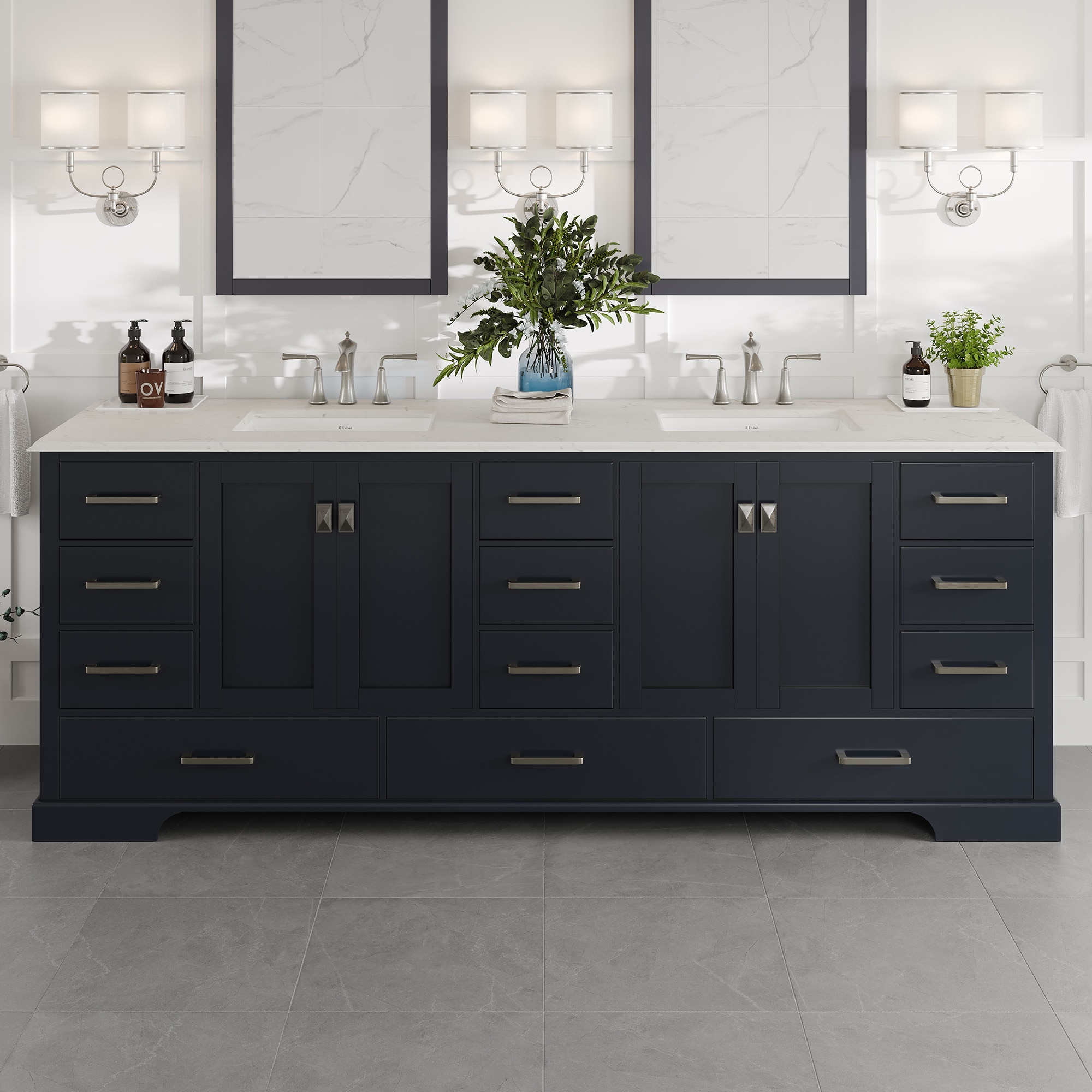 Eviva EVVN416-84DGR-Q Storehouse 84-in Dark Gray Undermount Double Sink Bathroom Vanity with White Quartz Top