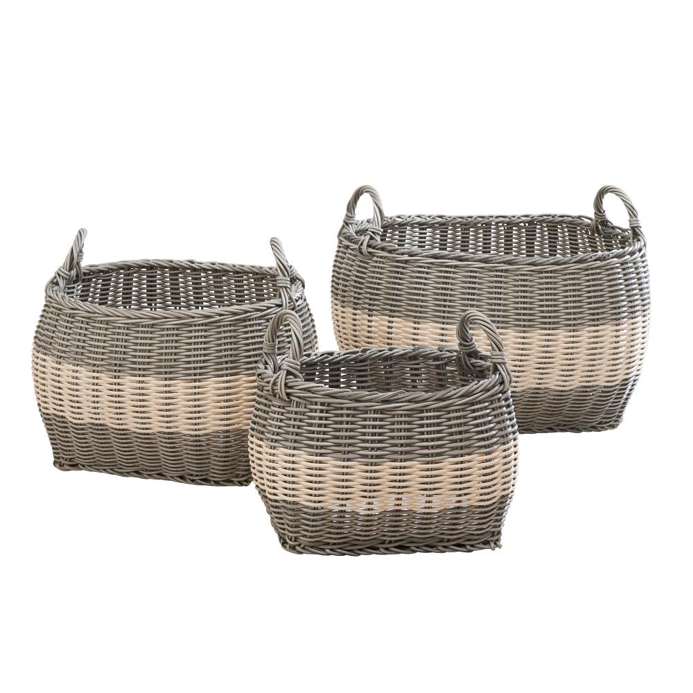 Gray Metal Wire Oval Stackable Two Wood Handles Set of 3 Display Basket Bin 