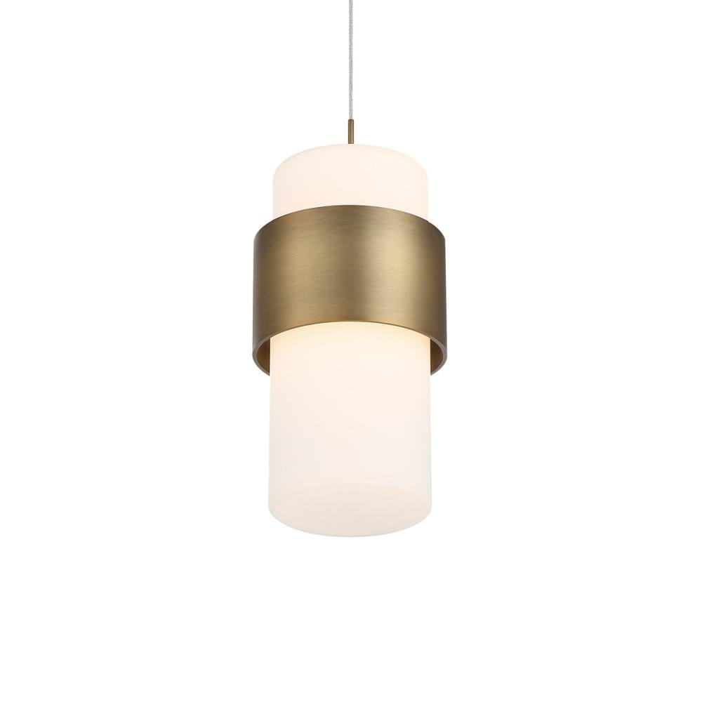 dweLED PD-68909-AB Banded Aged Brass Mid-century Etched glass Cylinder Integrated LED Mini Hanging Kitchen island light