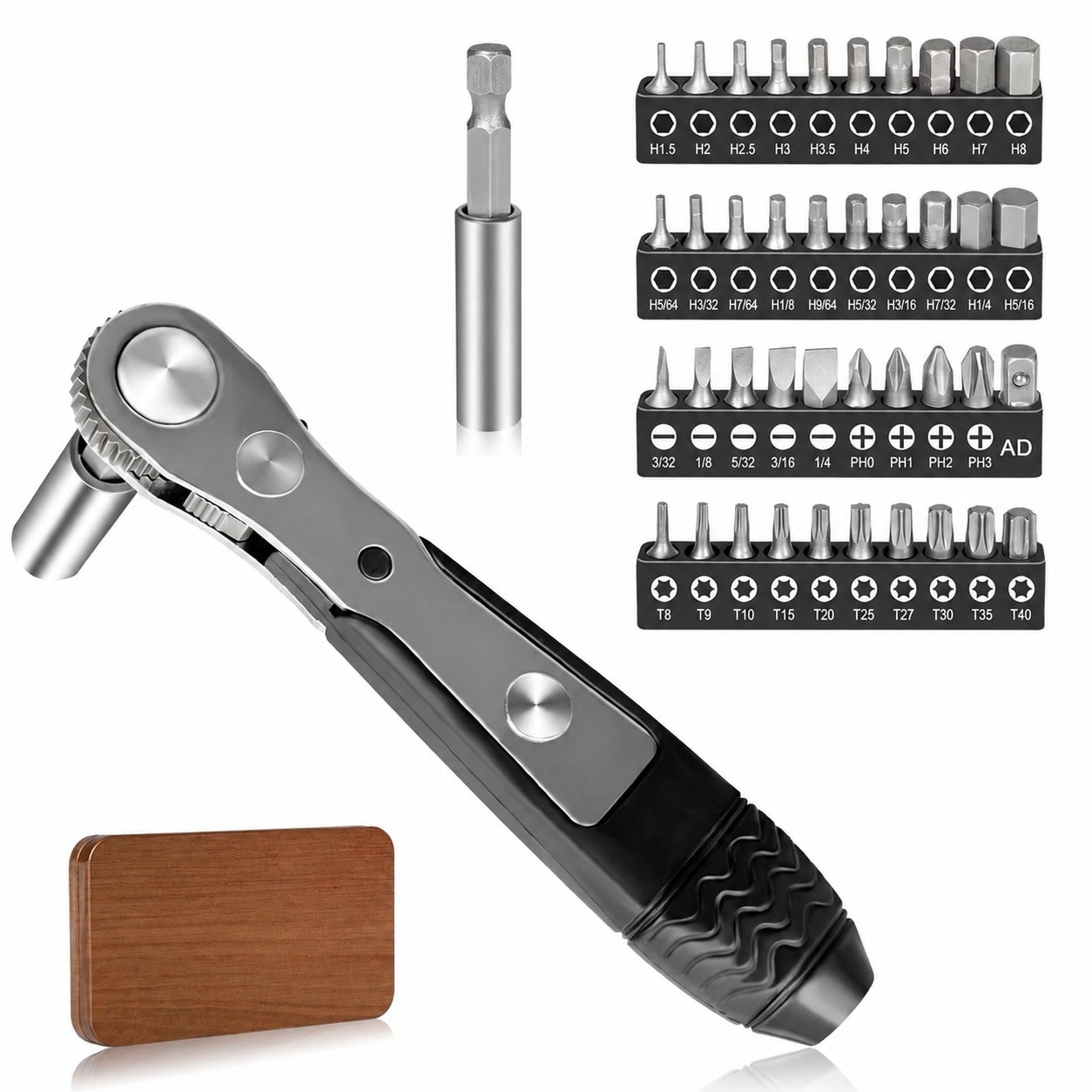SenQWFa  Right Angle Screwdriver Mini Ratchet Set 42 PCS 1 quarter Drive Magnetic Bits Hex Torx Slotted Phillips for Tight Spaces