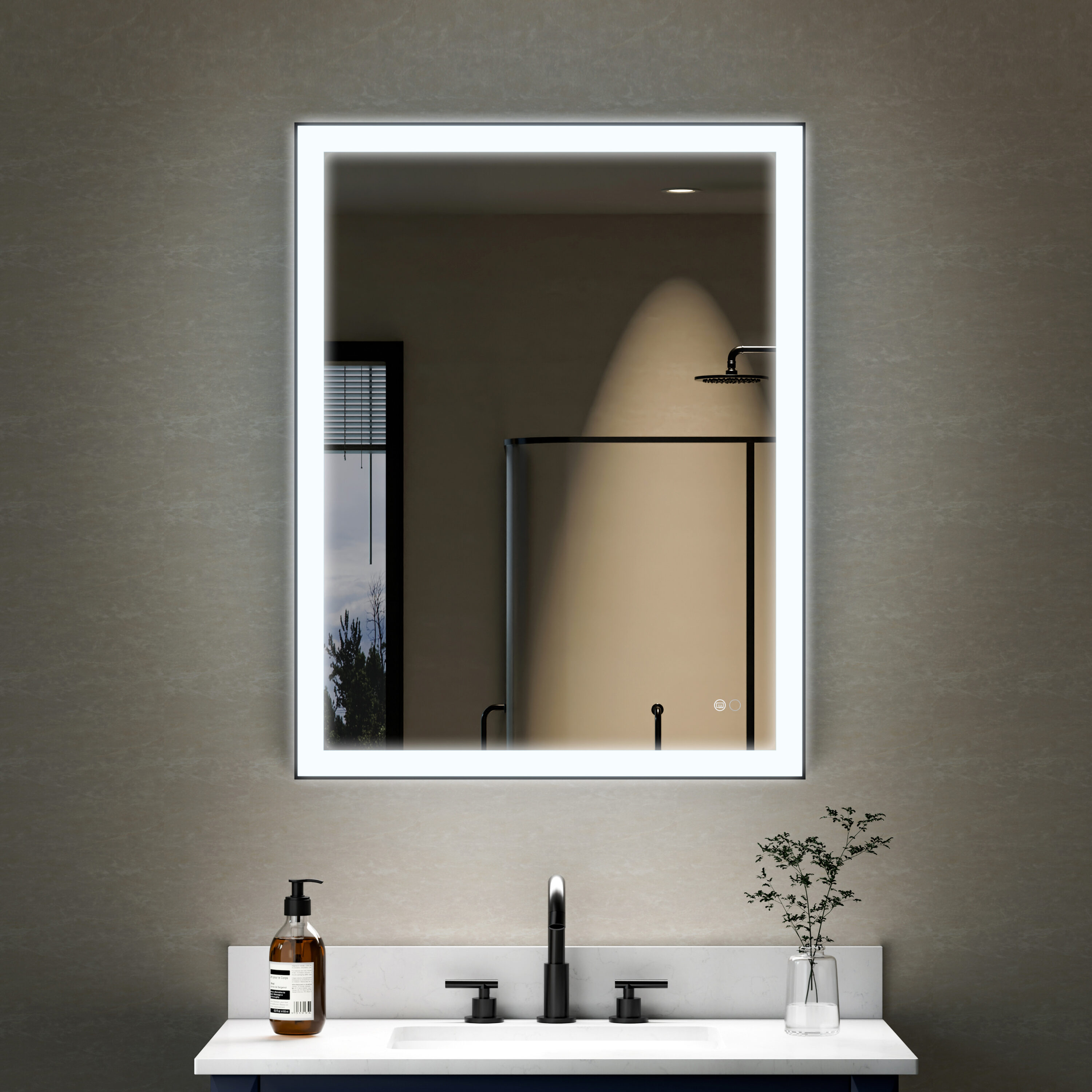 WELLFOR W5FM2836MB RECA Framed LED Mirror 28-in x 36-in Framed Rectangle Dimmable LED Lighted Fog Free Bathroom Vanity Mirror ( Matte Black )