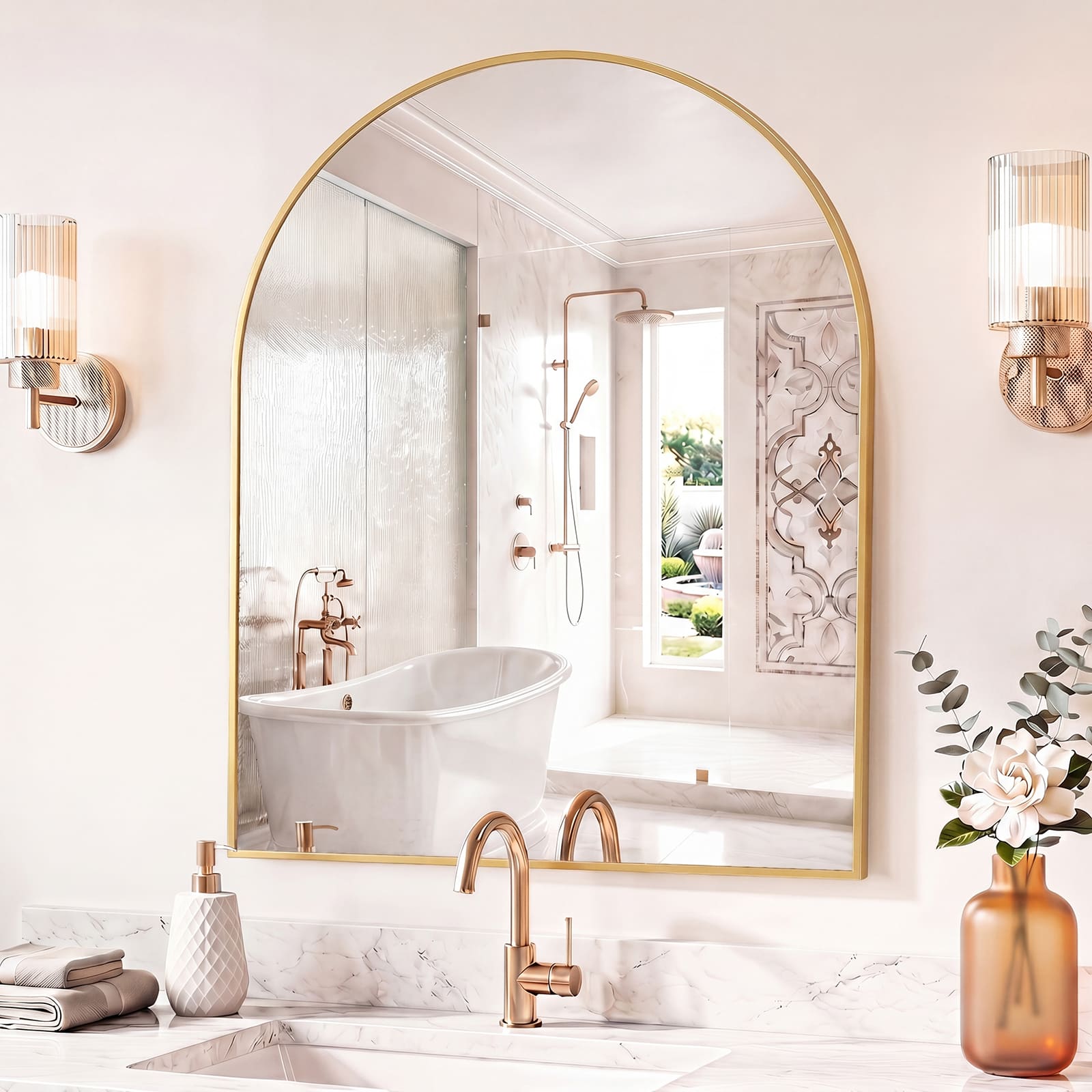Sweetcrispy 30-in W x 38-in H Arch Gold Polished Shatterproof Bathroom Wall Mirror