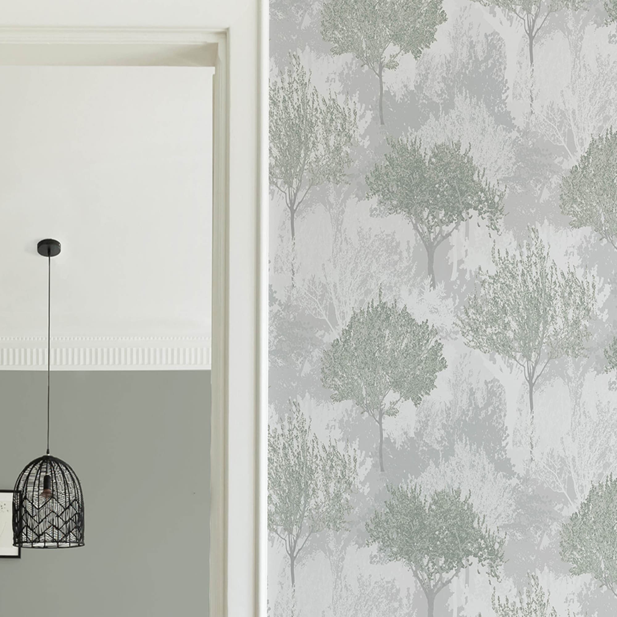 Sage and White Birch Tree Forest Wallpaper