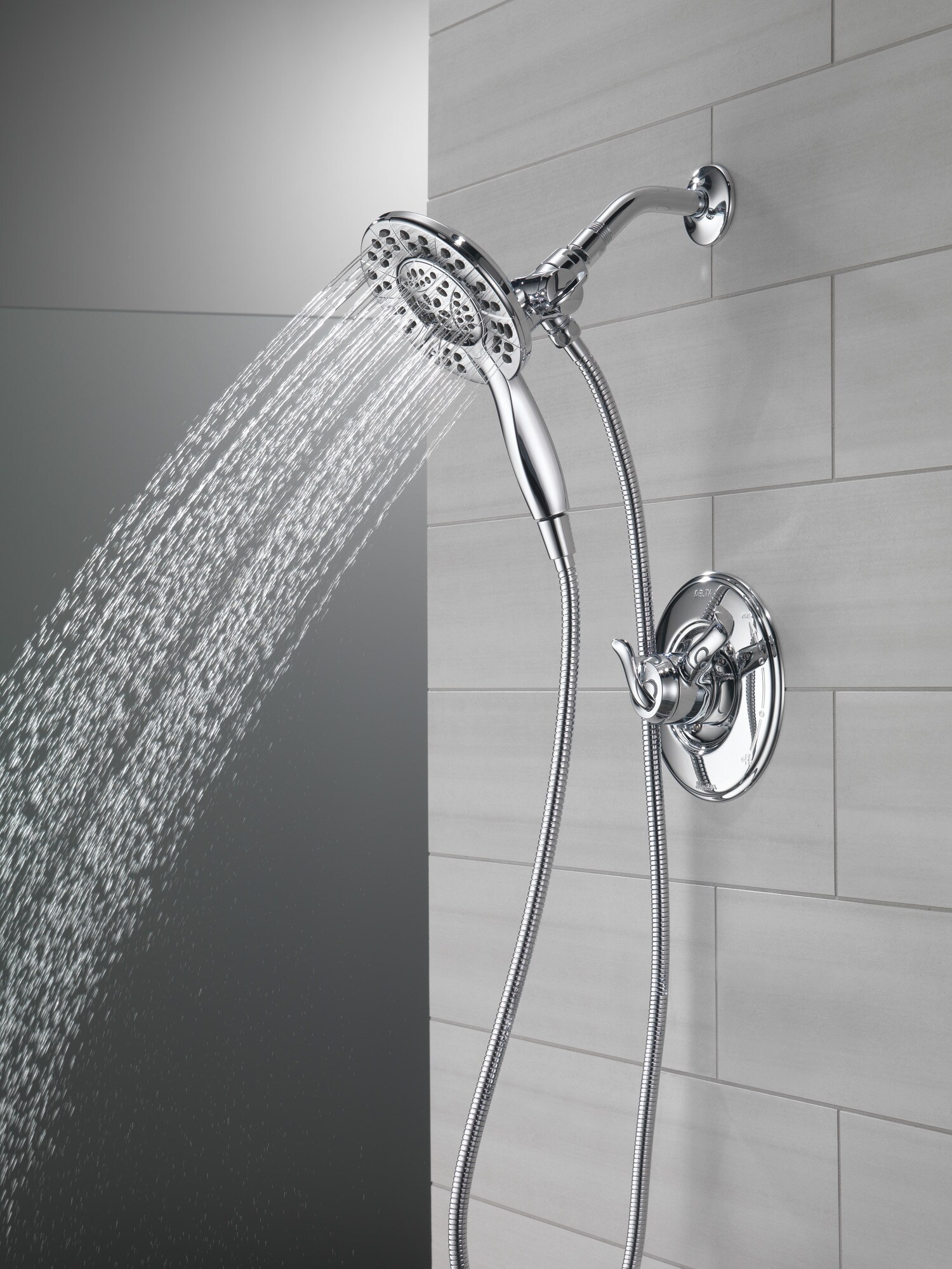 Chrome Dual Shower Head with Handheld Spray and Adjustable Height