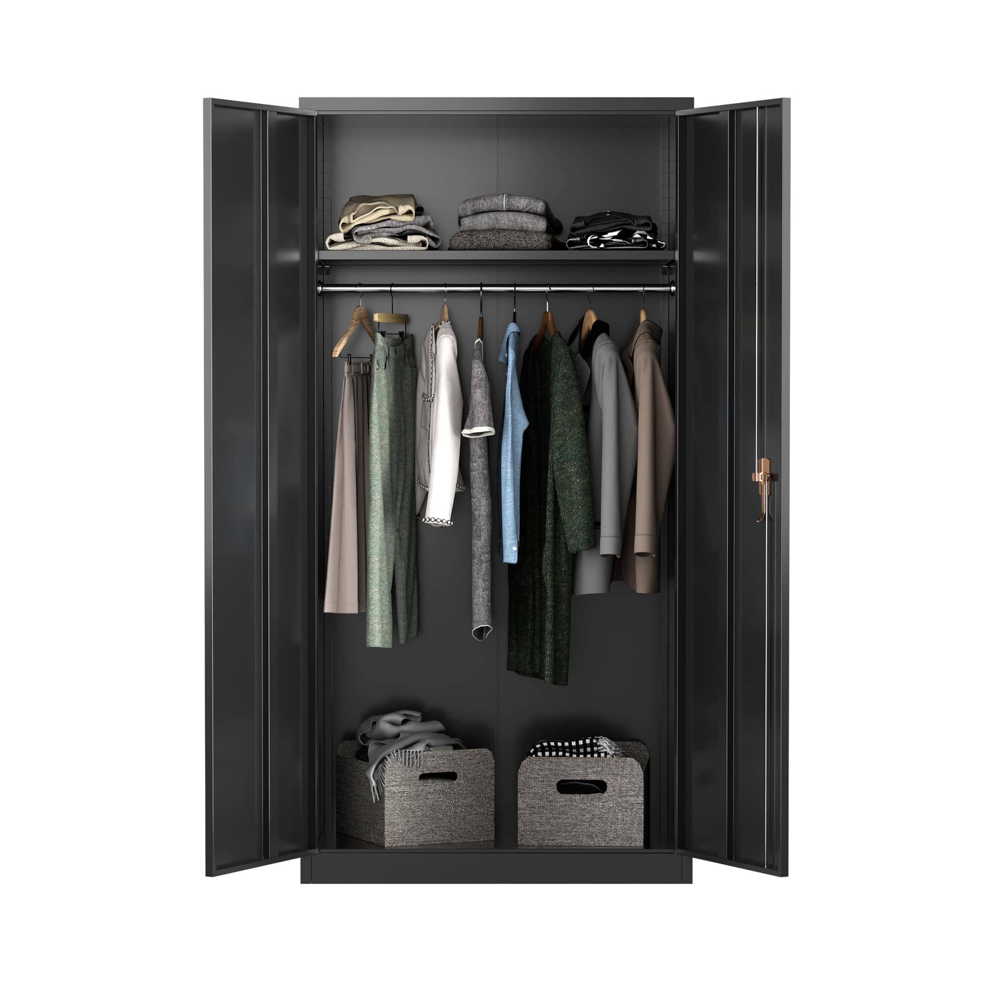 AOBABO 327047 Large Metal Wardrobe Style Storage Cabinet with Adjustable Shelf Cloth Rail and Lockable Doors for Home Organization Black