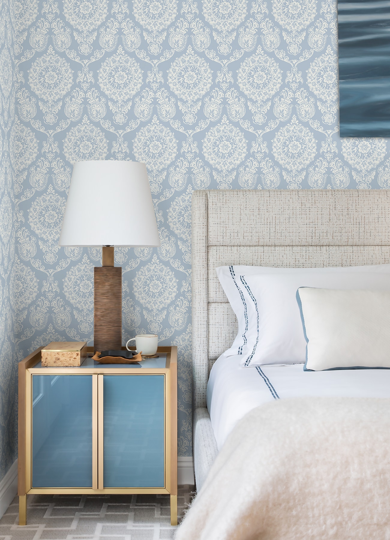 Helm Damask Light Blue and White Floral Medallion Wallpaper