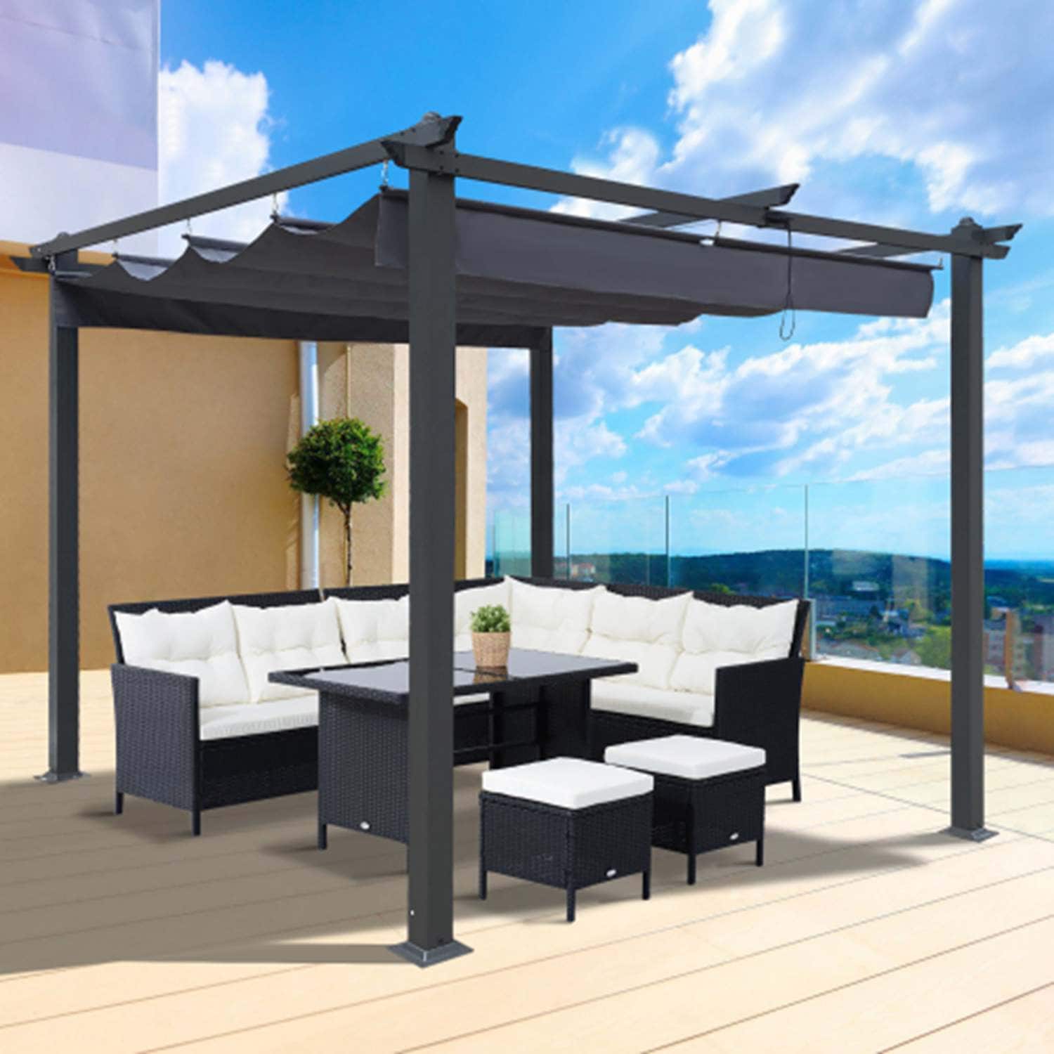 Runesay PERGO-03 Retractable Pergola 10-ft W x 10-ft L x 7-ft 3-in H Gray Metal Attached Pergola with Canopy