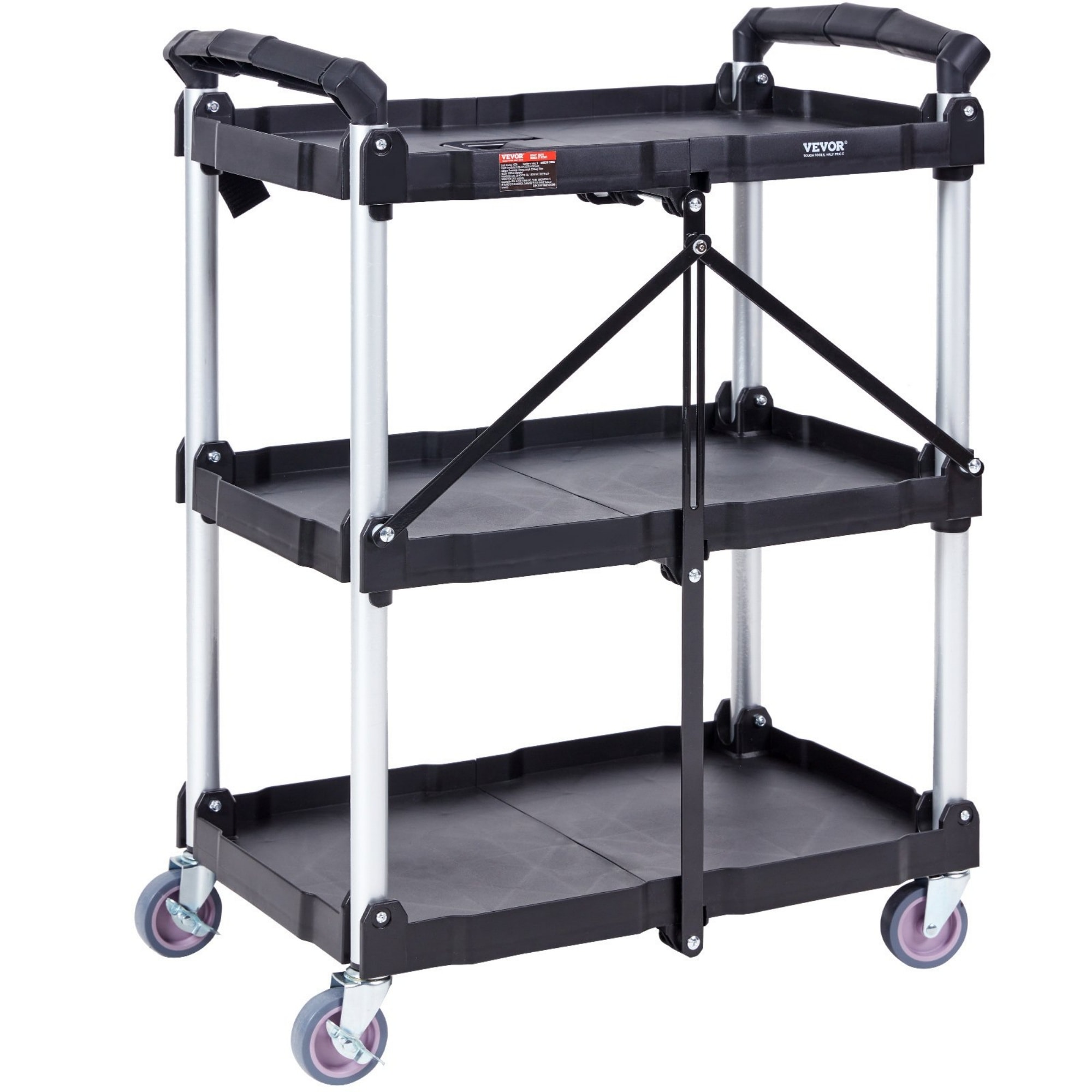 Wooakway Foldable Utility Service Cart 3 Shelf 165LBS Heavy Duty Plastic Rolling Cart with Lockable Wheels Ergonomic Handle Portable Garage Tool Cart for Warehouse Office Home 25.62 in x 15.43 in x 32.76 in