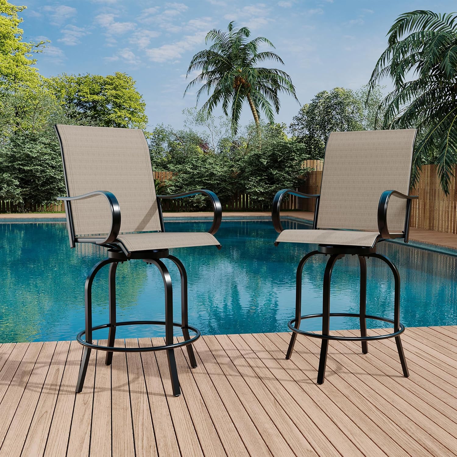 Qeetex LHF-HW-PPG-334NSGFR 2 PCS Outdoor Swivel Bar Stools Set All Weather High Back and Armrest Patio Chairs for Deck Patio High Swivel Bar Stools - Beige