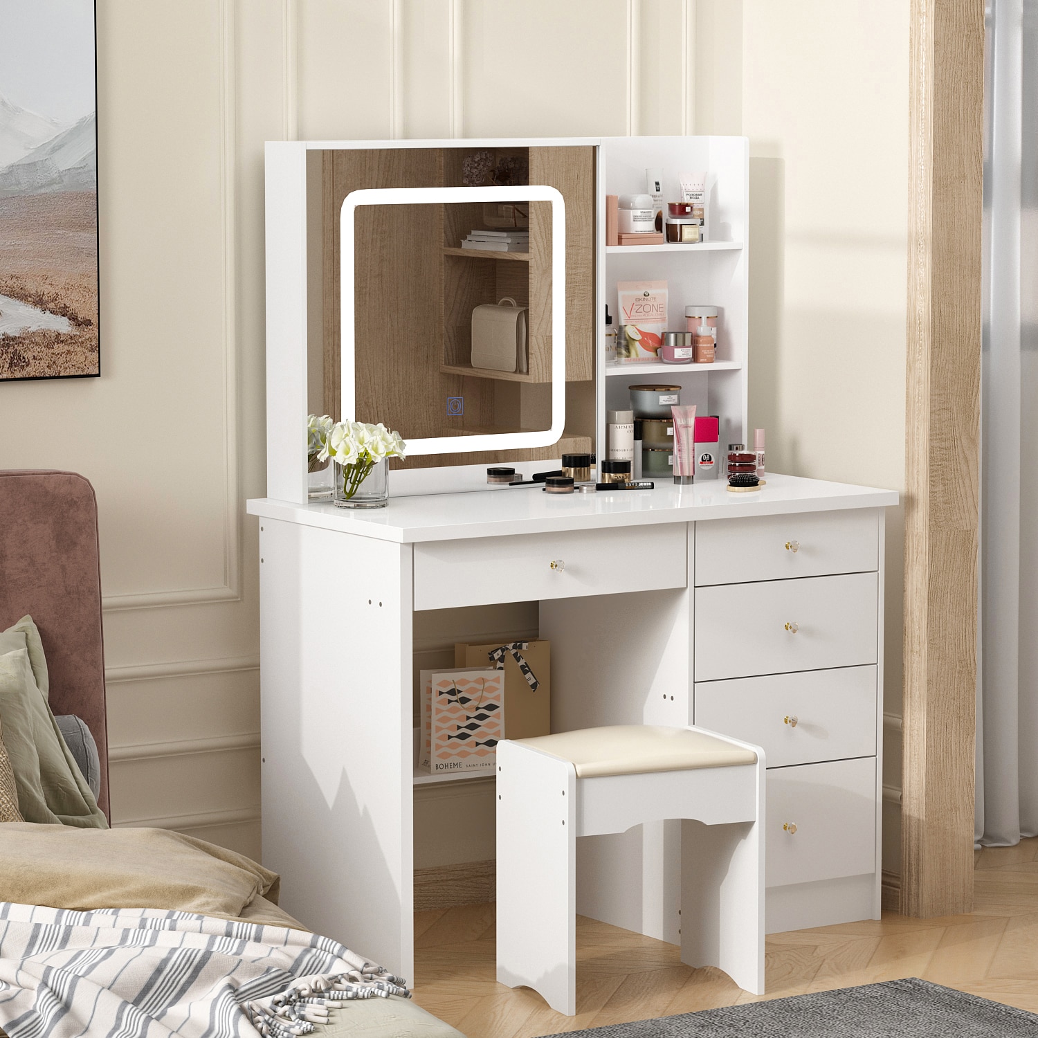 Vanity Desk with Lights Mirror and Drawers, Makeup Vanity with Storage  Cabinet and Vanity Chair, Dresser Desk for Bedroom, Vanity Mirror with  Lights