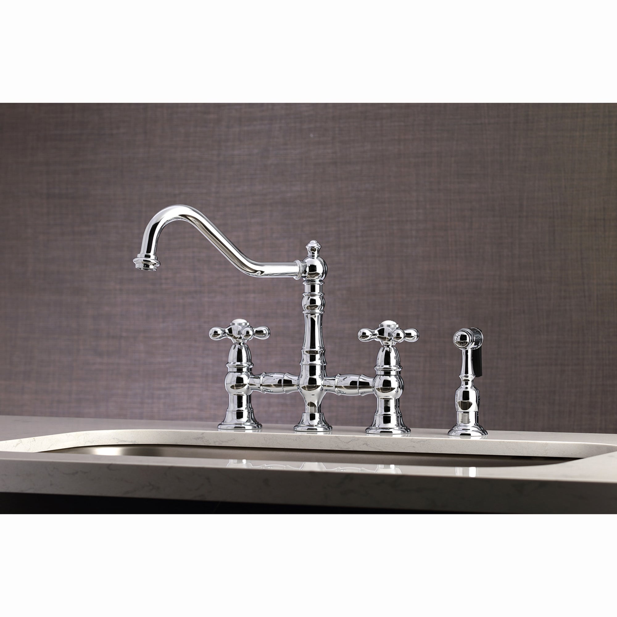 Kingston Brass WLKS3271AXBS Restoration Polished chrome Double Handle Deck-mount Bridge Kitchen Faucet with Sprayer ( Side Sprayer Included )
