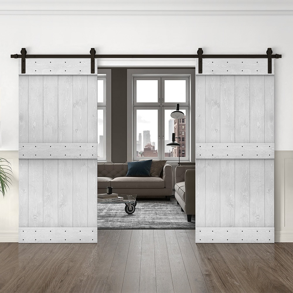 CALHOME 72-in x 84-in White Pine Wood Solid Core Double Barn Door ...