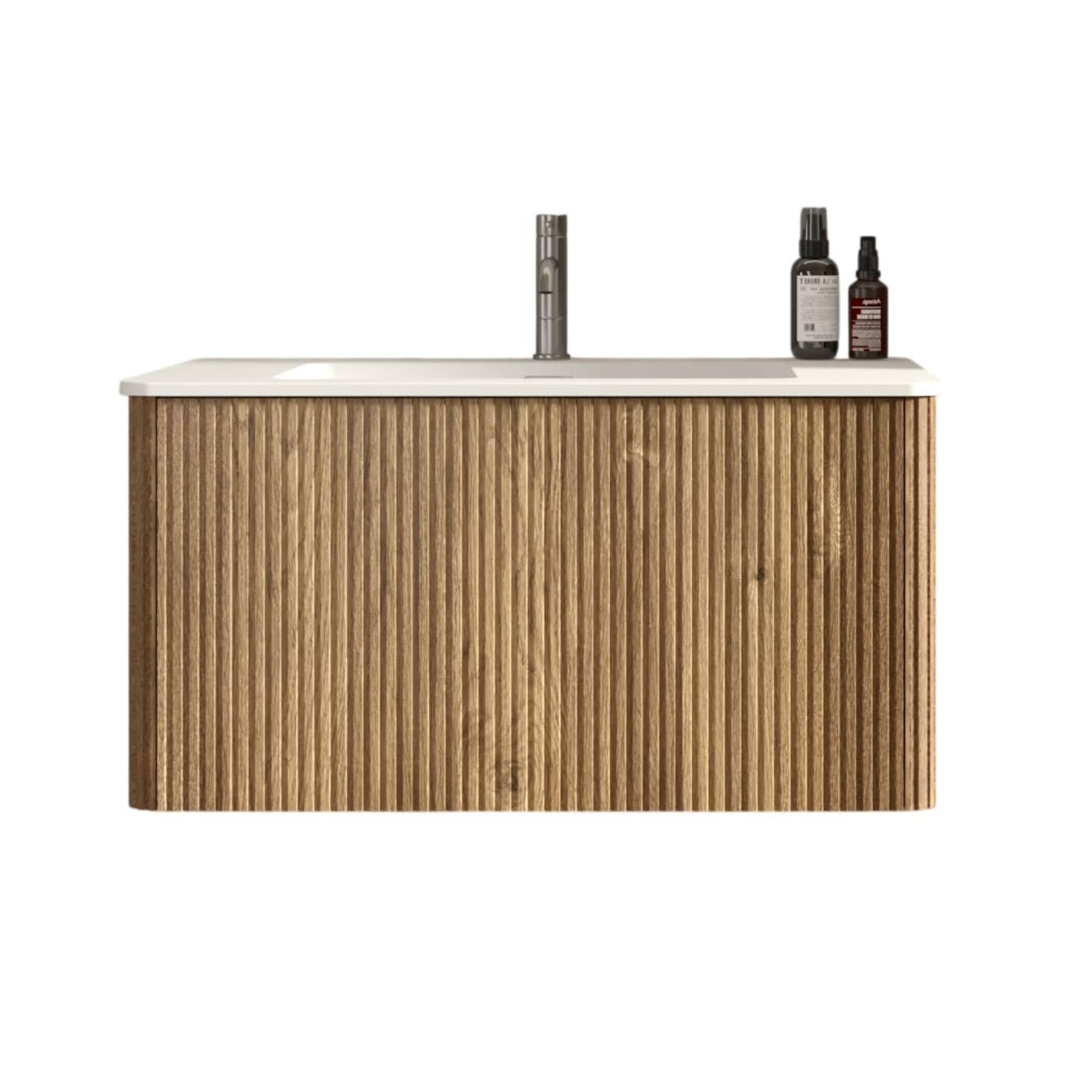Lirago 30 in Striped Rough Oak Bathroom Vanity with White Solid Surface Integrated Sink Floating Wall Mounted Pre-Assembled Bath Vanity for Modern Bathroom
