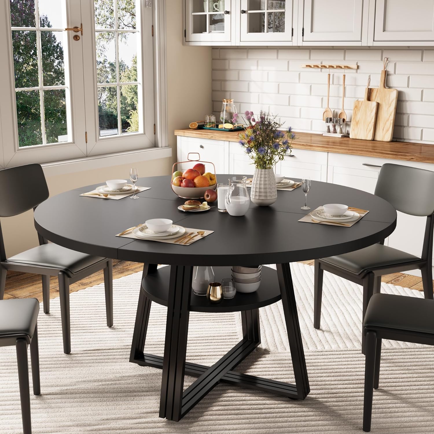 Qeetex DHZ-PHK-349WLWEG Round Dining Table for 4 to 6  47.2 inch Farmhouse Kitchen Table with Storage  Circle Dinner Tables for Kitchen  Dining Room  Living Room/Meeting Room/Apartment   Black