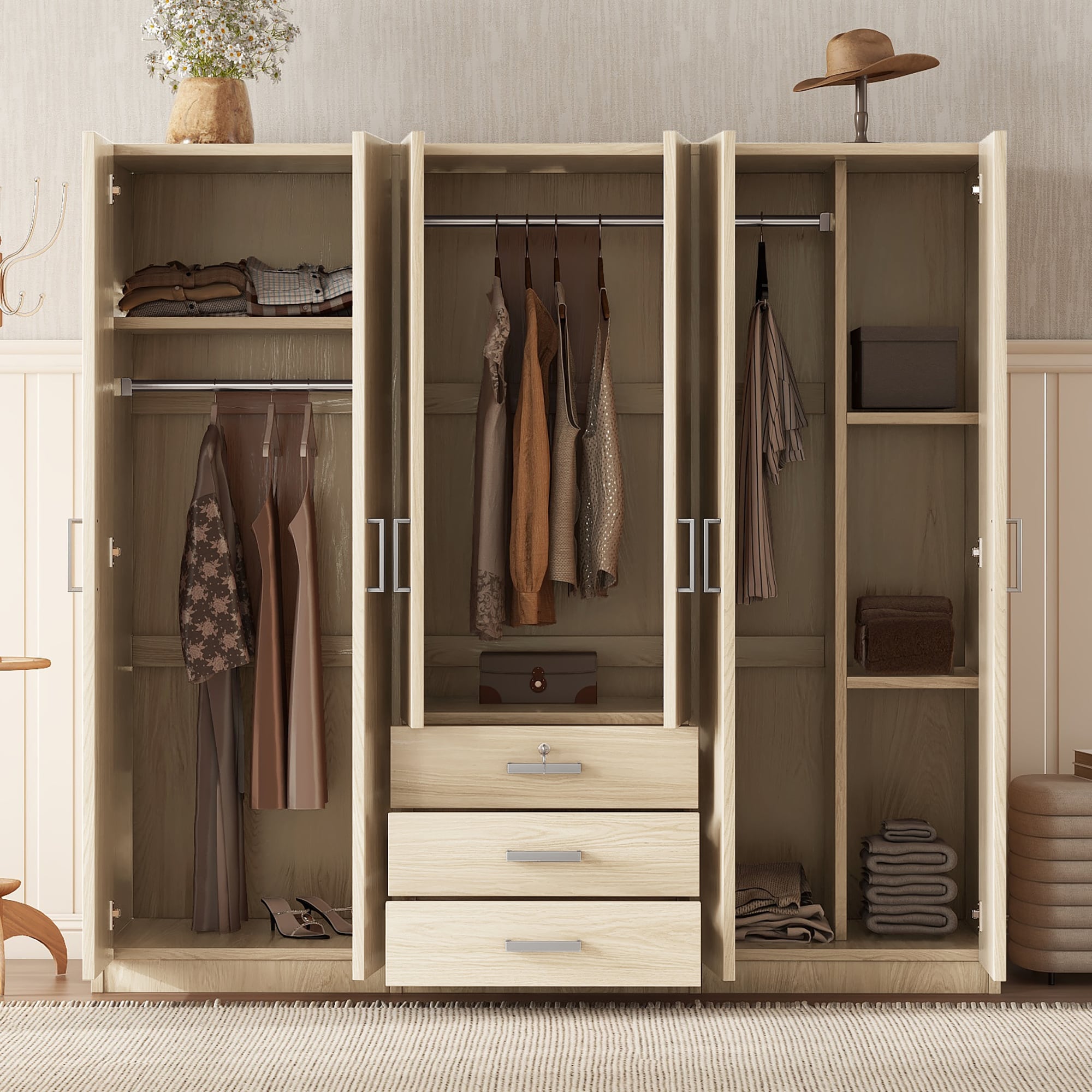 ModernLuxe L3P-N820000010D 6Doors Wooden Wardrobe Storage for Bedroom with Big Drawers Brown