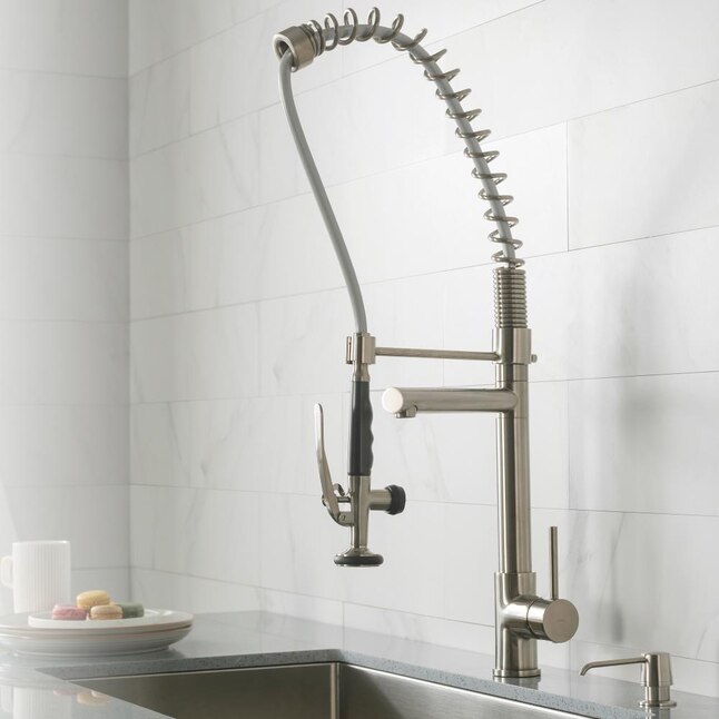 Kraus Premier Kitchen Faucet Stainless Steel 1-Handle Deck-Mount Pre-rinse Handle Kitchen Faucet Kraus Premier Kitchen Faucet Stainless Steel 1-Handle Deck-Mount Pre-rinse Handle Kitchen Faucet
