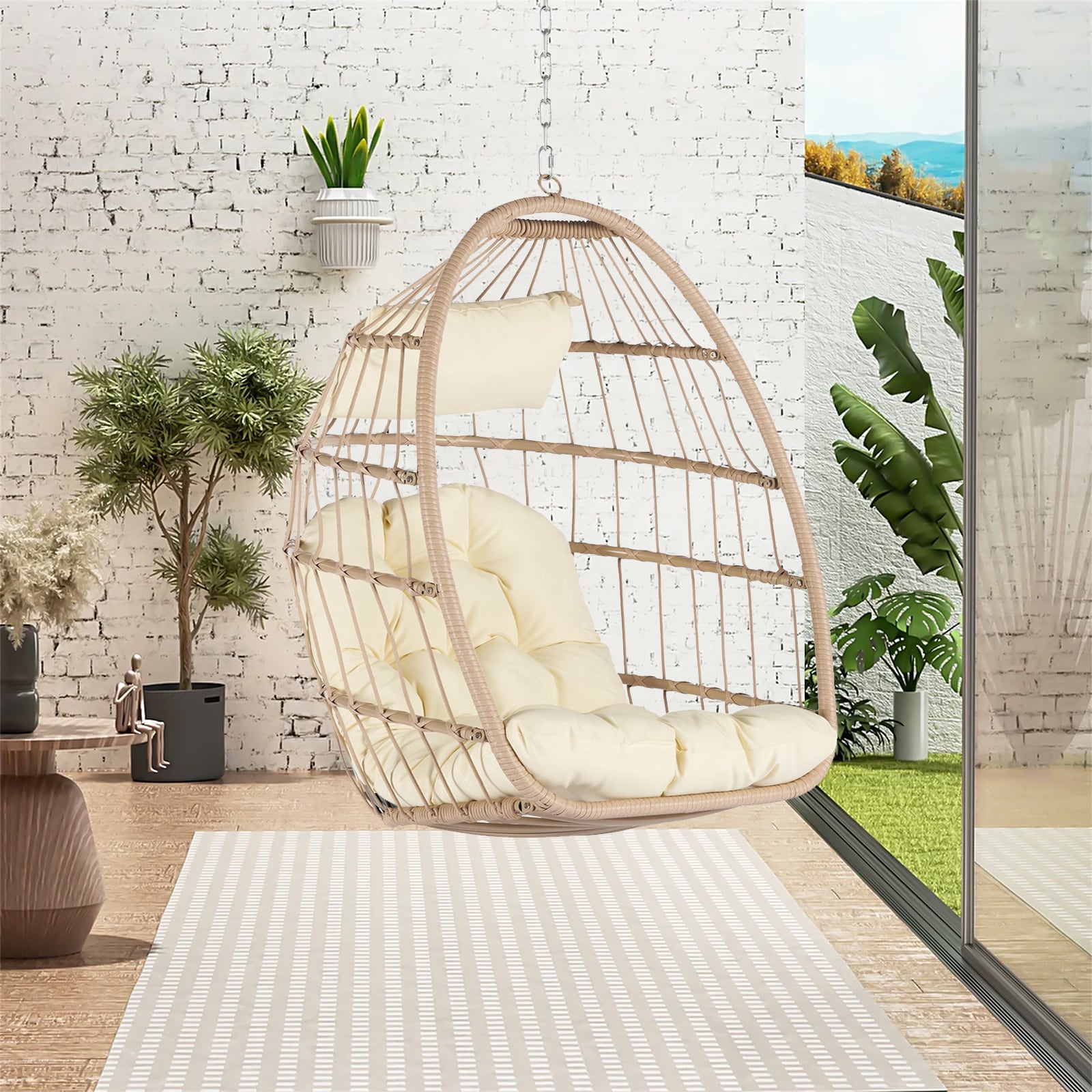 Forclover MOMNTRCH02WB Patio Egg Swing Chair without Stand Rattan Khaki Metal Frame Hanging Egg Chair with Off-white Cushioned Seat