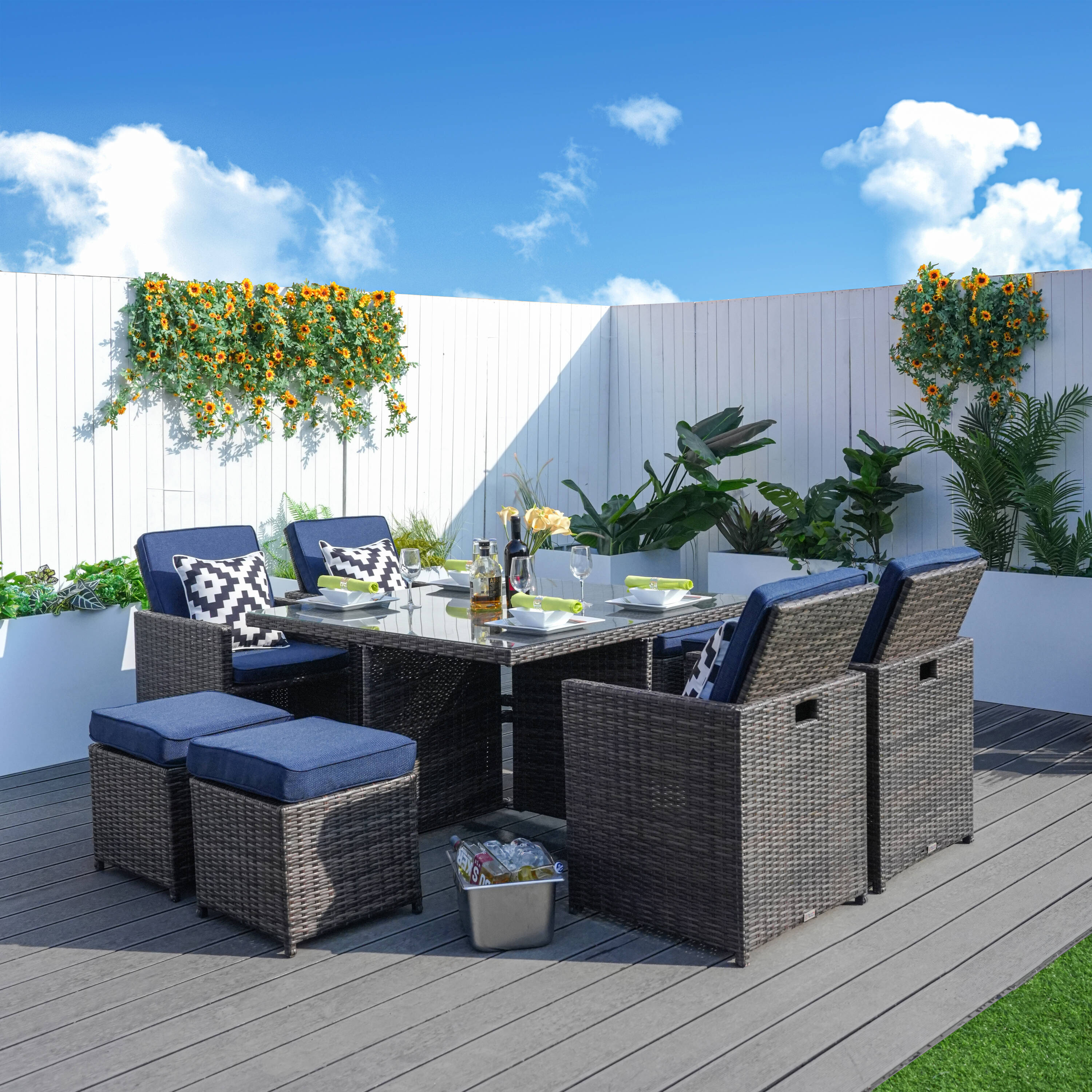 Direct Wicker DWD-3233BR-BLUE 9 -Piece brown Wicker Patio Dining Set Wicker Square Table with 4 Blue Cushions Stationary Chairs