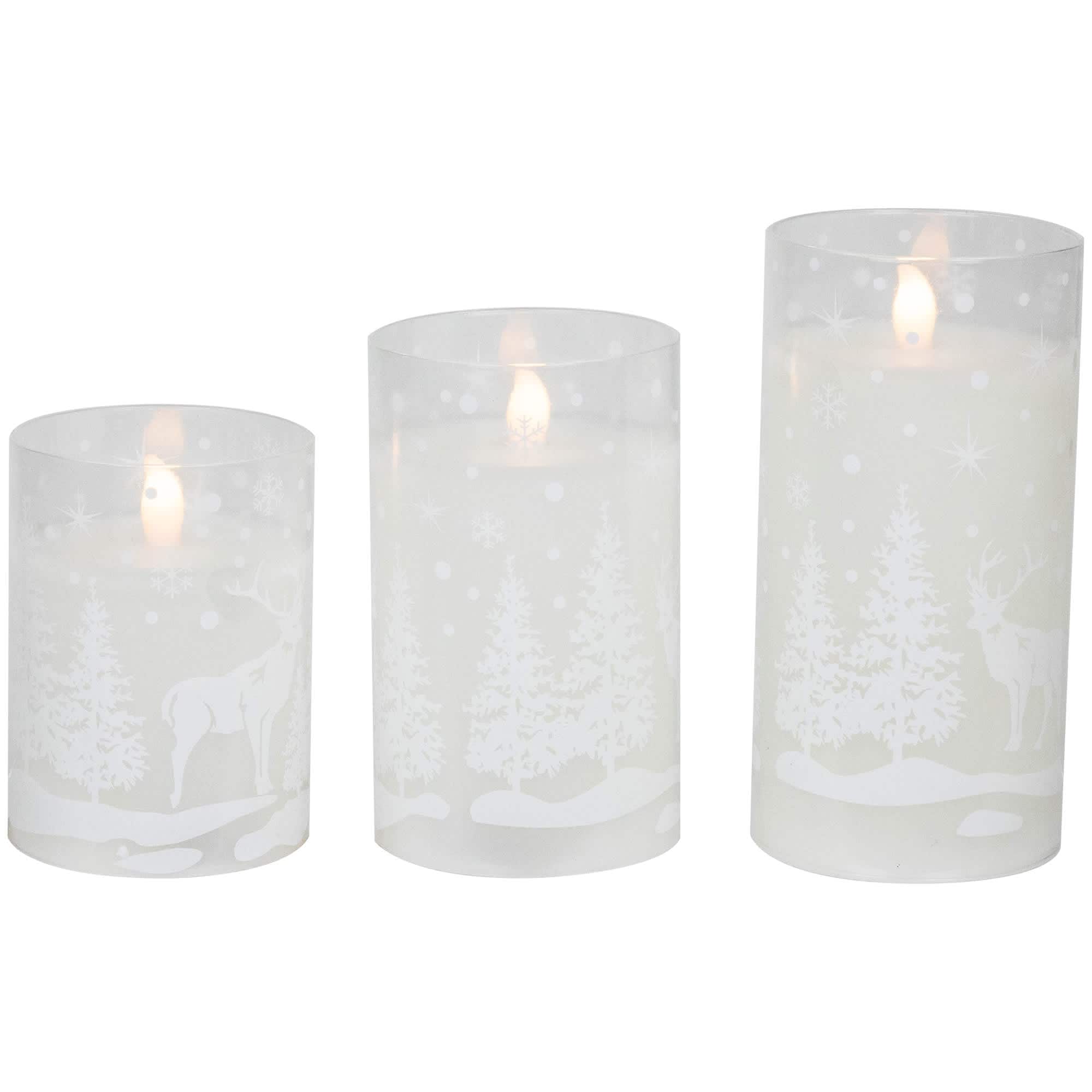 Northlight LED Flameless Flickering Snowy Woodland Glass Christmas Pillar Candles - 6 inch - Set of 3