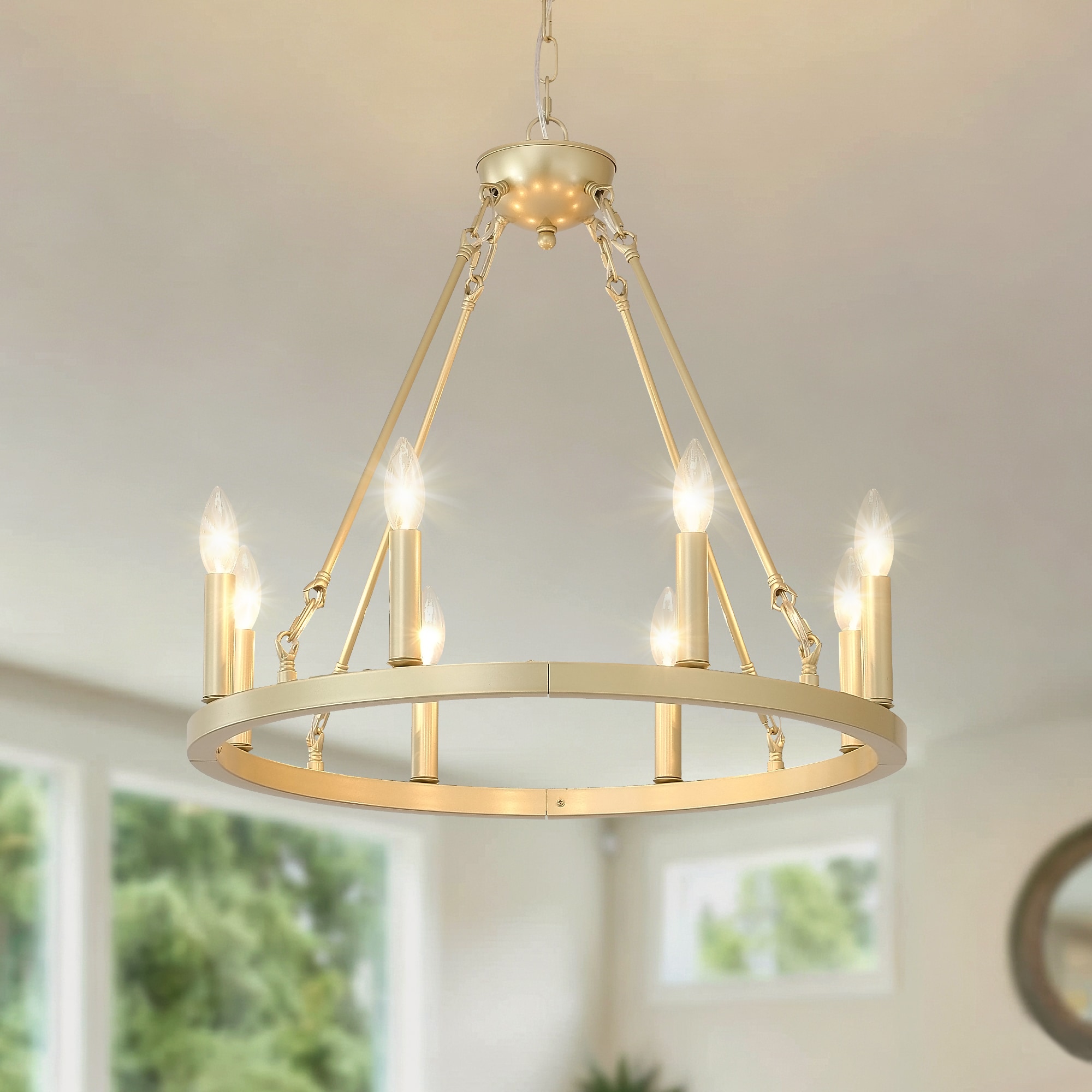 Zitrend 24-in Gold Round Chandelier 8-Light Open Wagon Wheel Farmhouse Fixture for Dining Room Living Room Foyer and Kitchen Ceiling Hanging Light