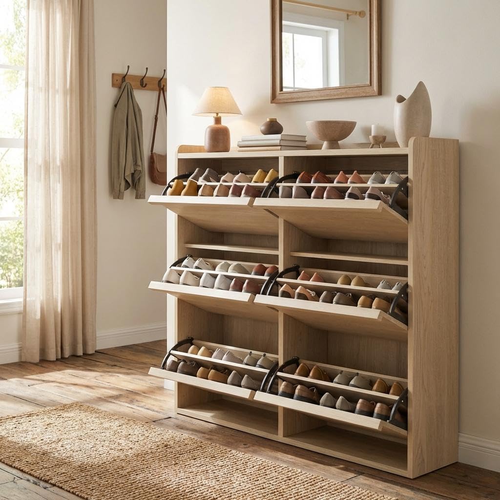 Garvee Shoe Cabinet with 6 Flip Drawers Narrow Cabinet with Adjustable and Removable Shelves Modern Wooden Shoe Organizer with Hidden Handle for Entryway Hallway Living Room Natural Oak