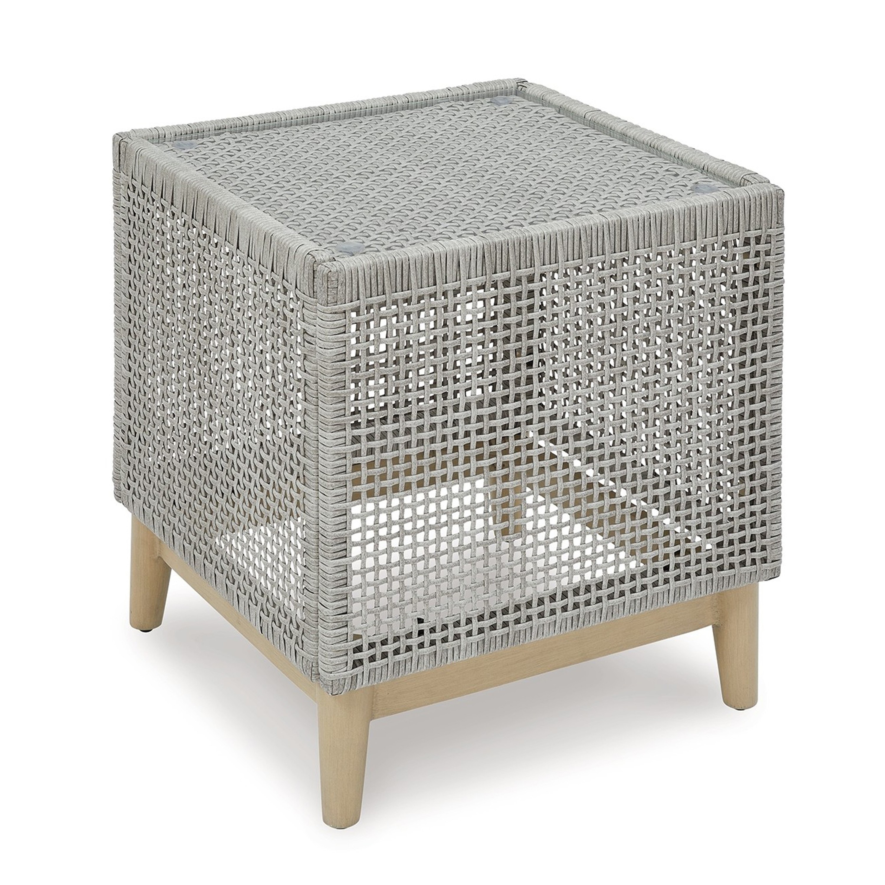 Gray Square Resin Wicker Outdoor End Table with Glass Top