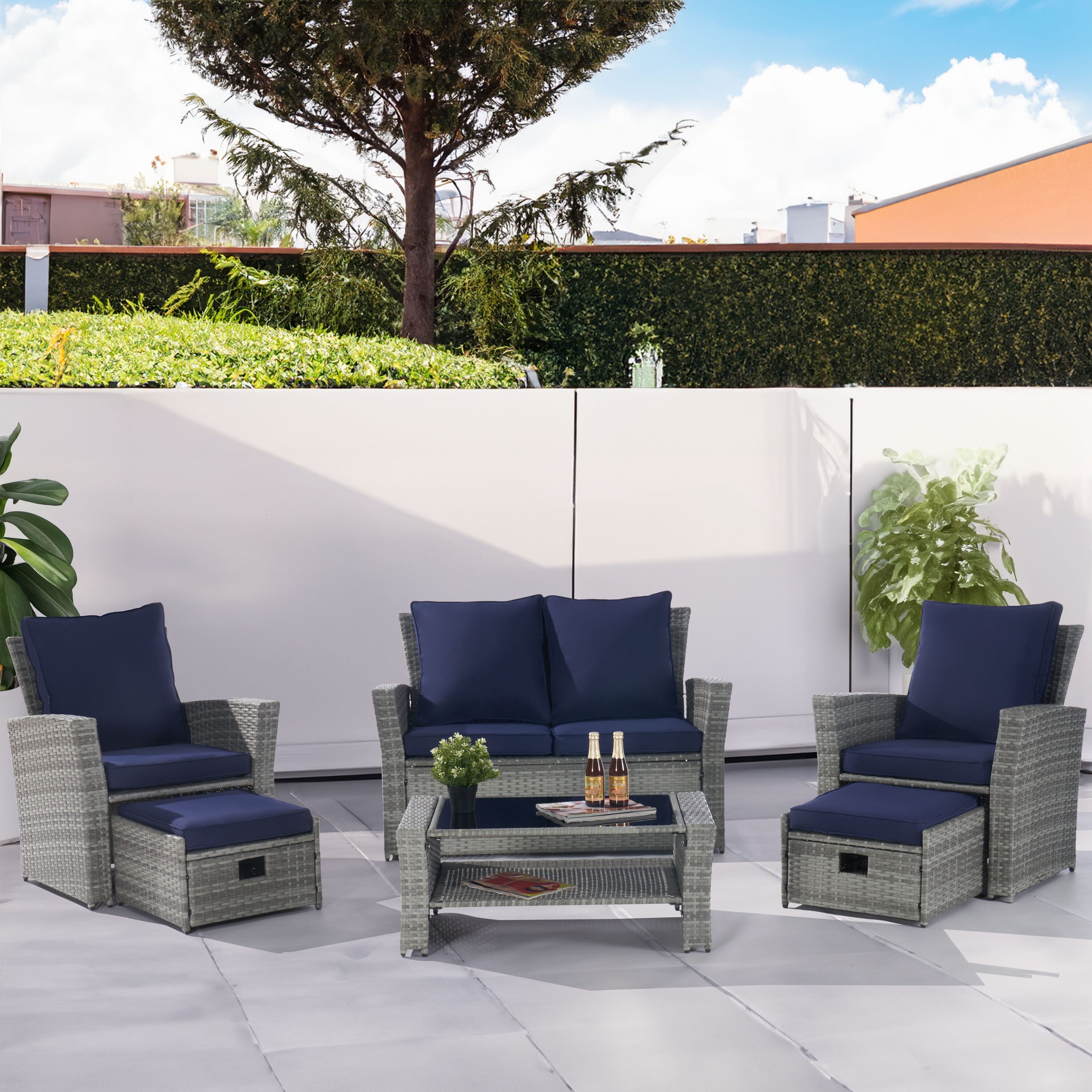 SANSTAR L-WS116-NY 6 -Piece Rattan Patio Sofa Conversation Set with Blue Cushions