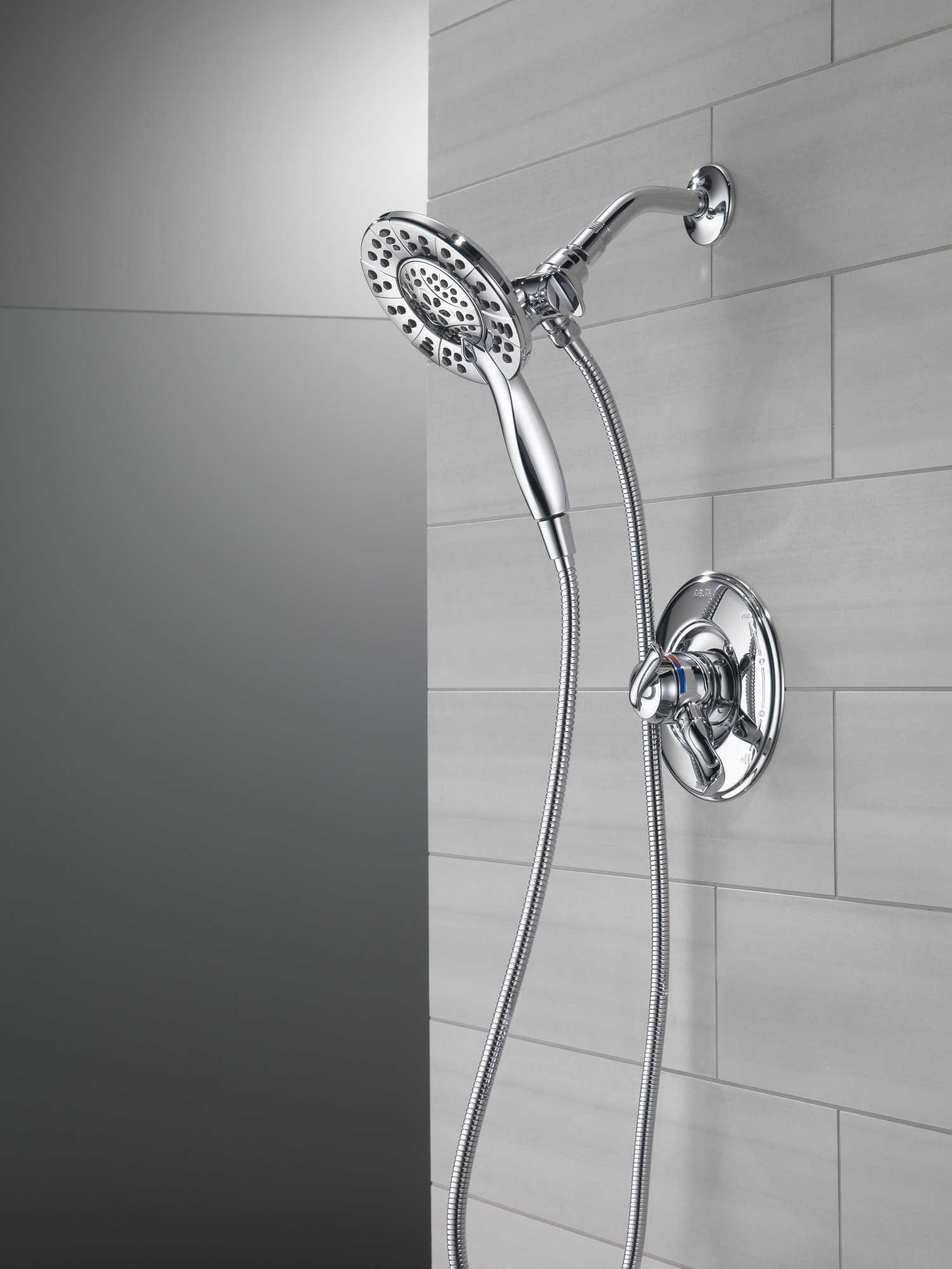 Chrome Dual Shower Head with Handheld Spray and Adjustable Height