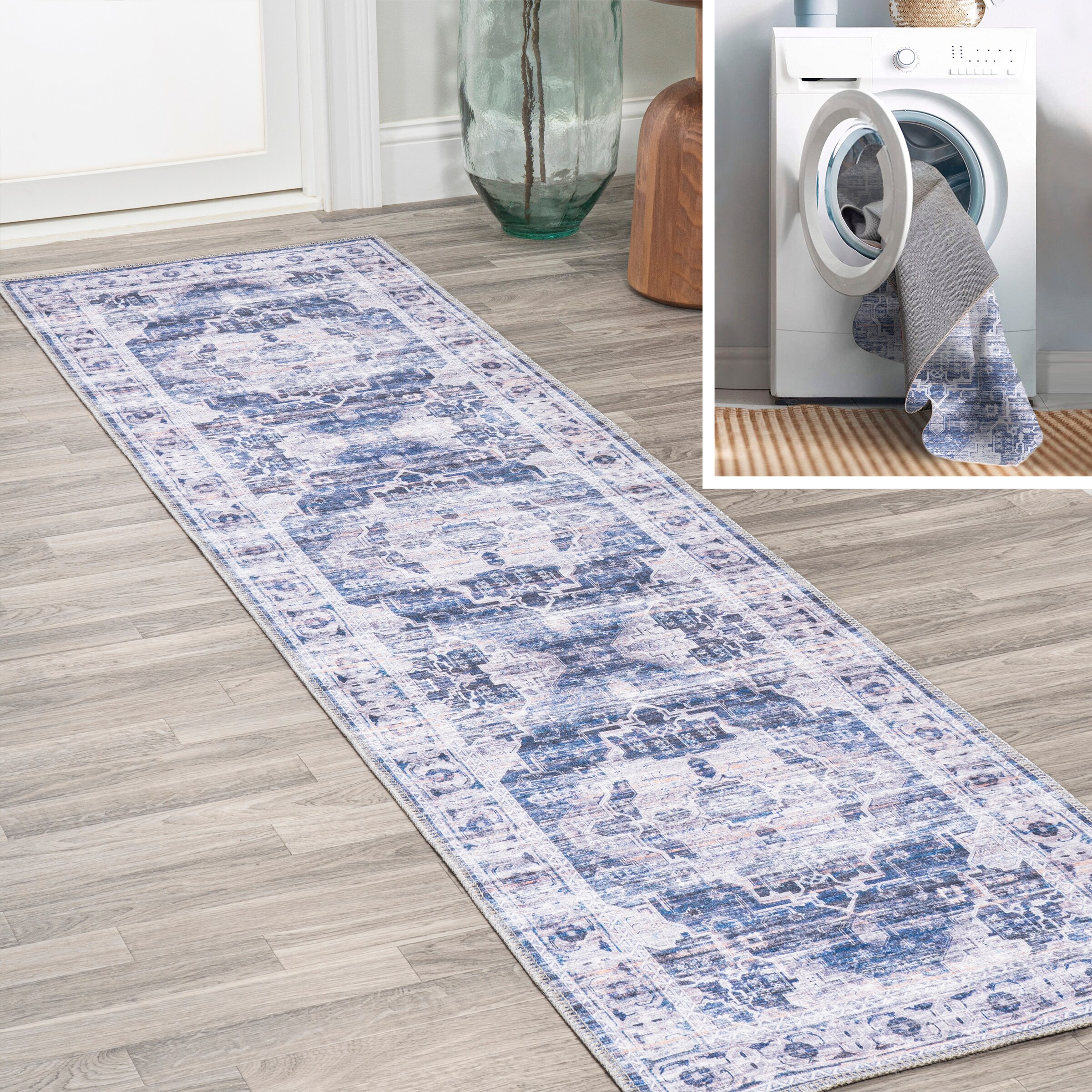JONATHAN  Y WSH100A-28 WASHABLE Alanya Ornate Medallion 2 x 8 (ft) Loomed Polypropylene Navy/Cream Rectangular Indoor Border Bohemian/Eclectic Machine washable Runner rug