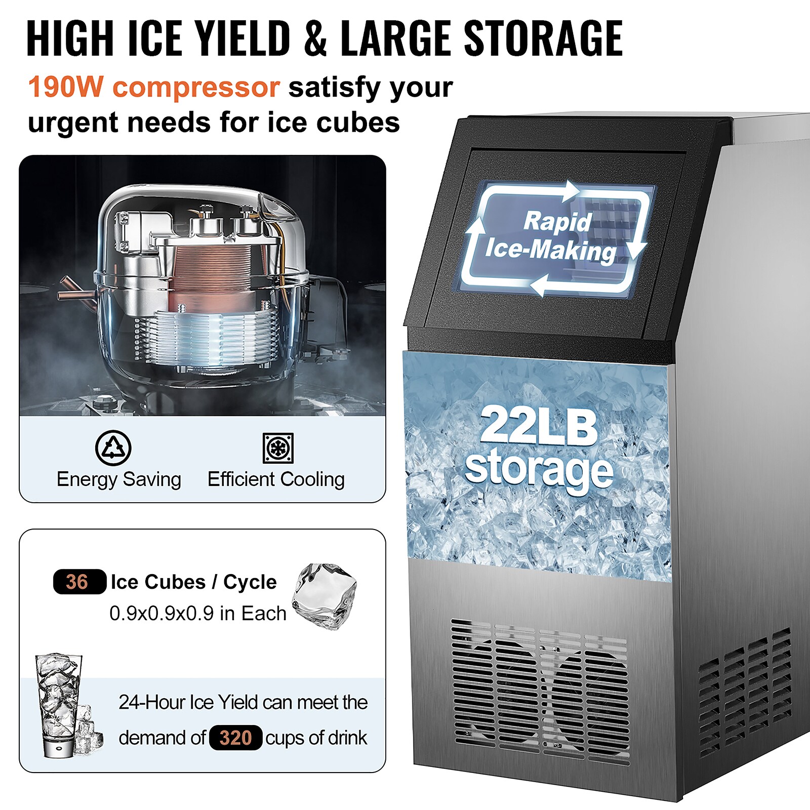 VEVOR Commercial Ice Maker Ice Cube Machine Stainless Steel Restaurant 45-60kg US