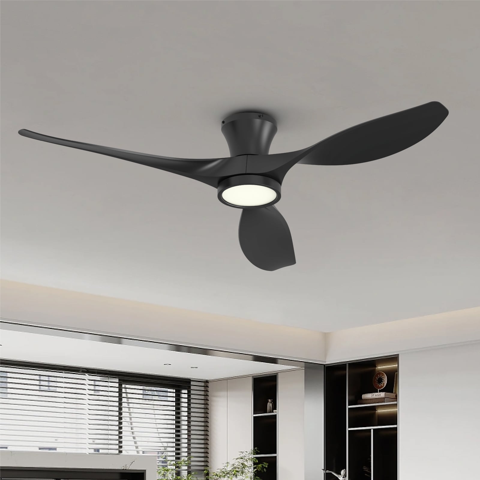 ocioc OC52-BK-3X-R3 RTHREE 52-in Integrated LED Flush Mount Matte Black with Matte Black Blades Ceiling Fan With Light - Remote Included ( 3 -Blade )