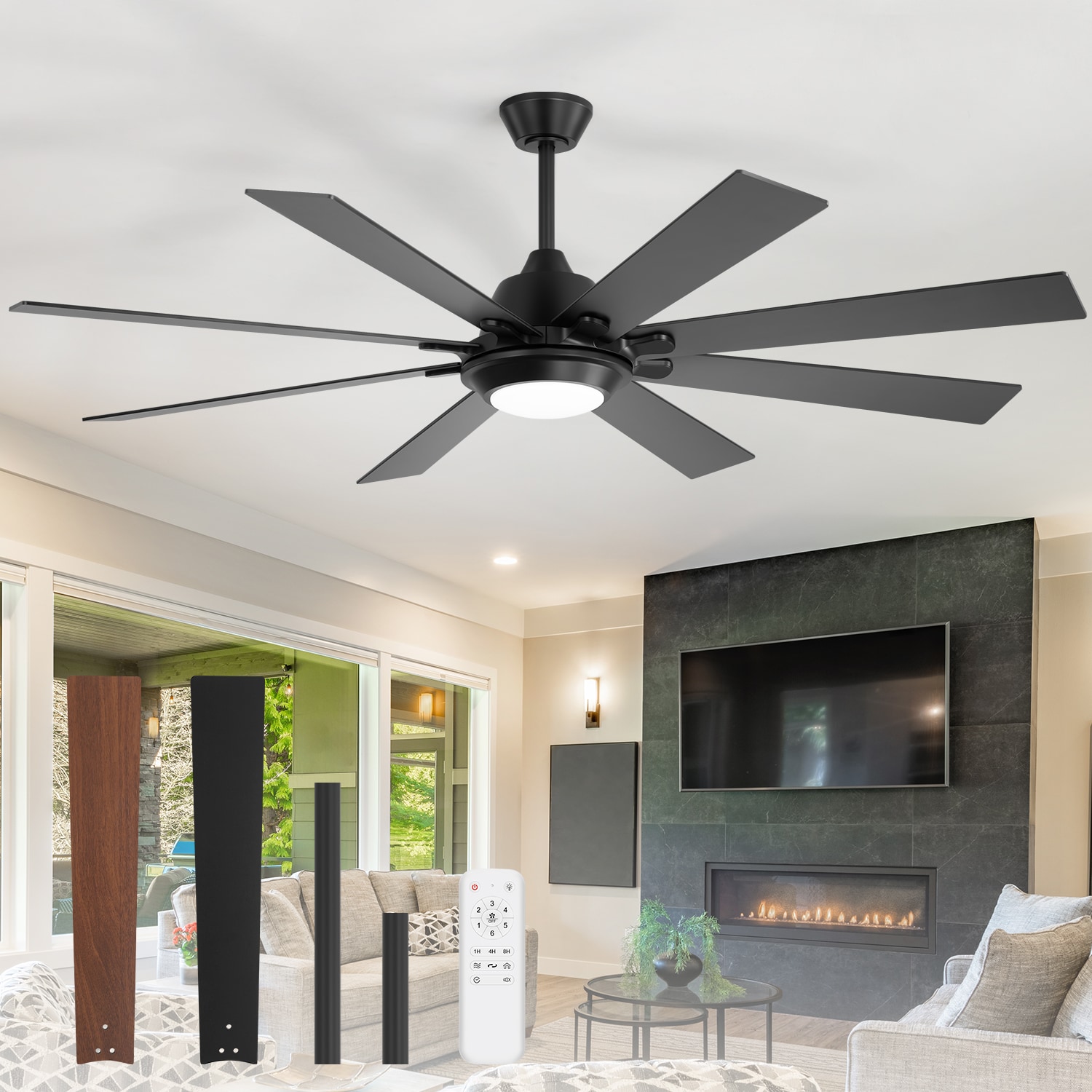 Breezary 32049-BK 65-in Color-Changing Integrated LED Matte Black with Black and Deep Walnut Blades Ceiling Fan With Light - Remote Included ( 8 -Blade )