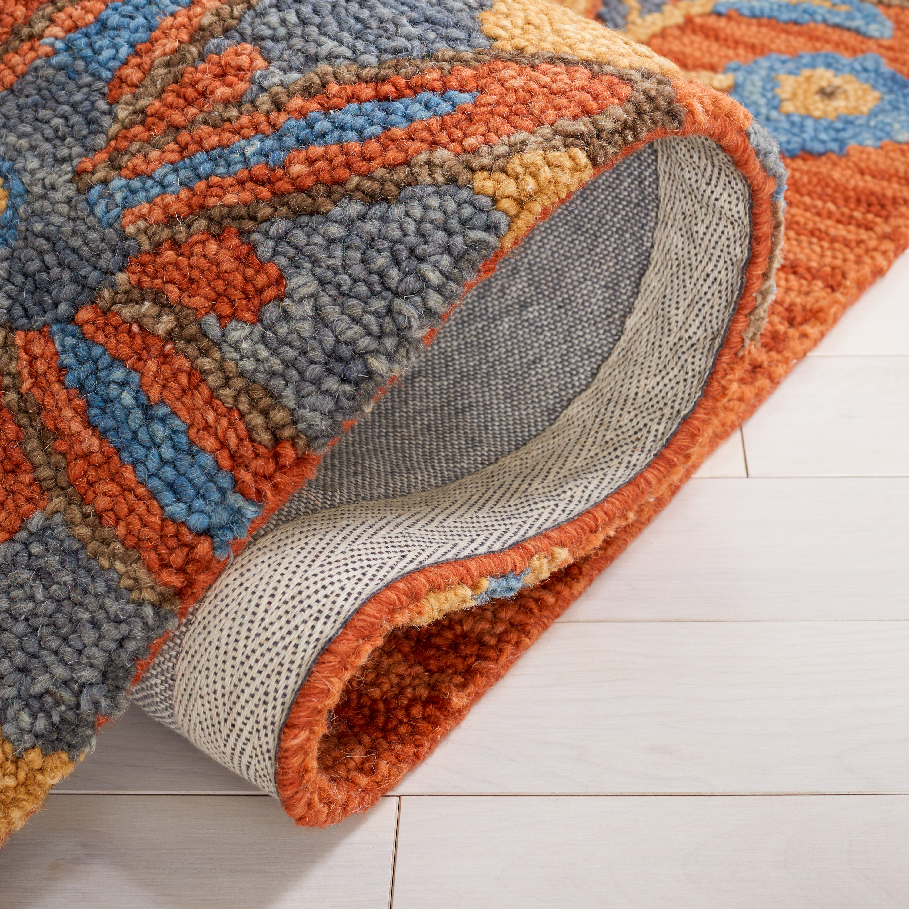 Rust and Blue Floral Wool Handmade Area Rug