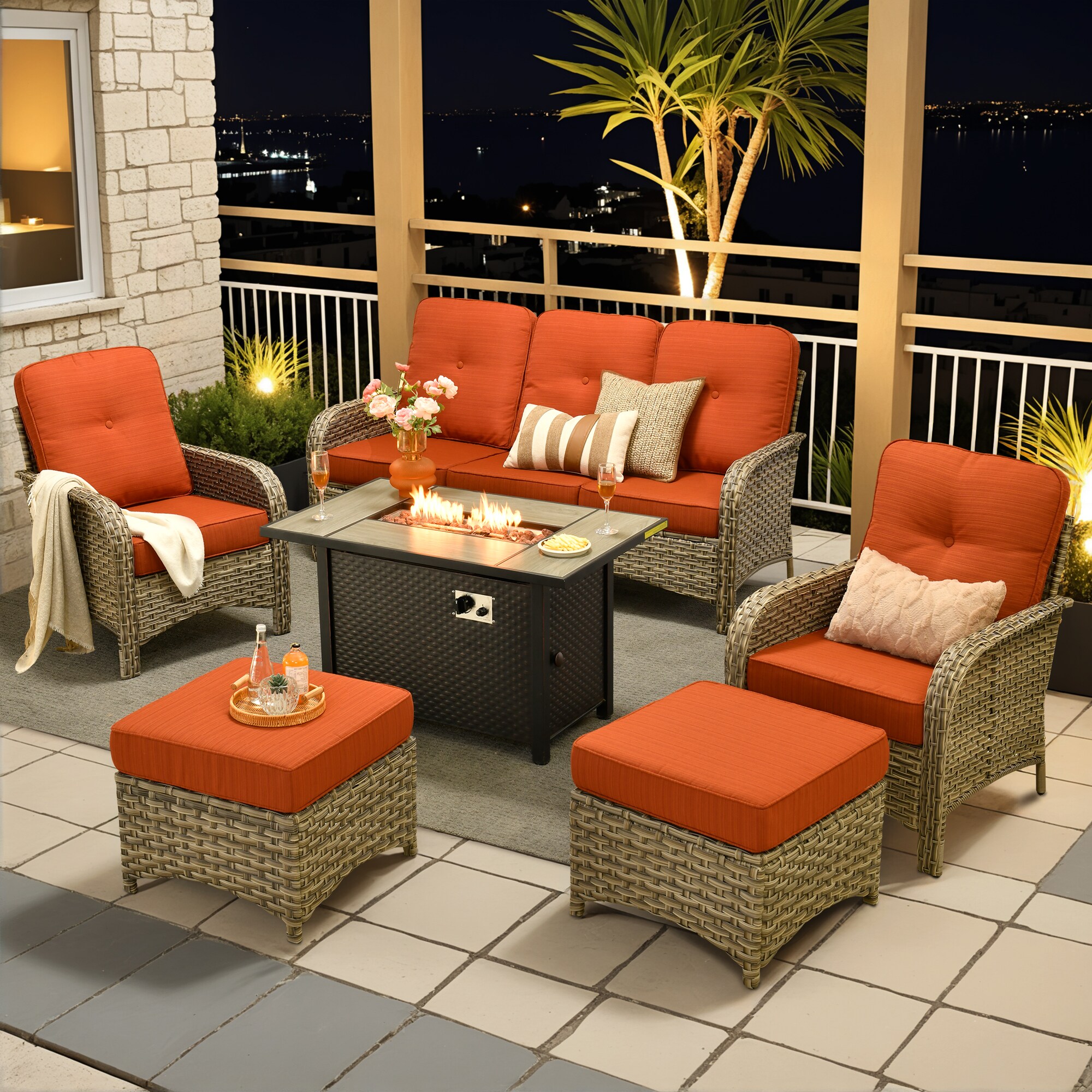 ALTRIGUS 6L-CFP03-VNC806-1-AL 6 -Piece Wicker Patio Sofa Conversation Set with Orange Cushions