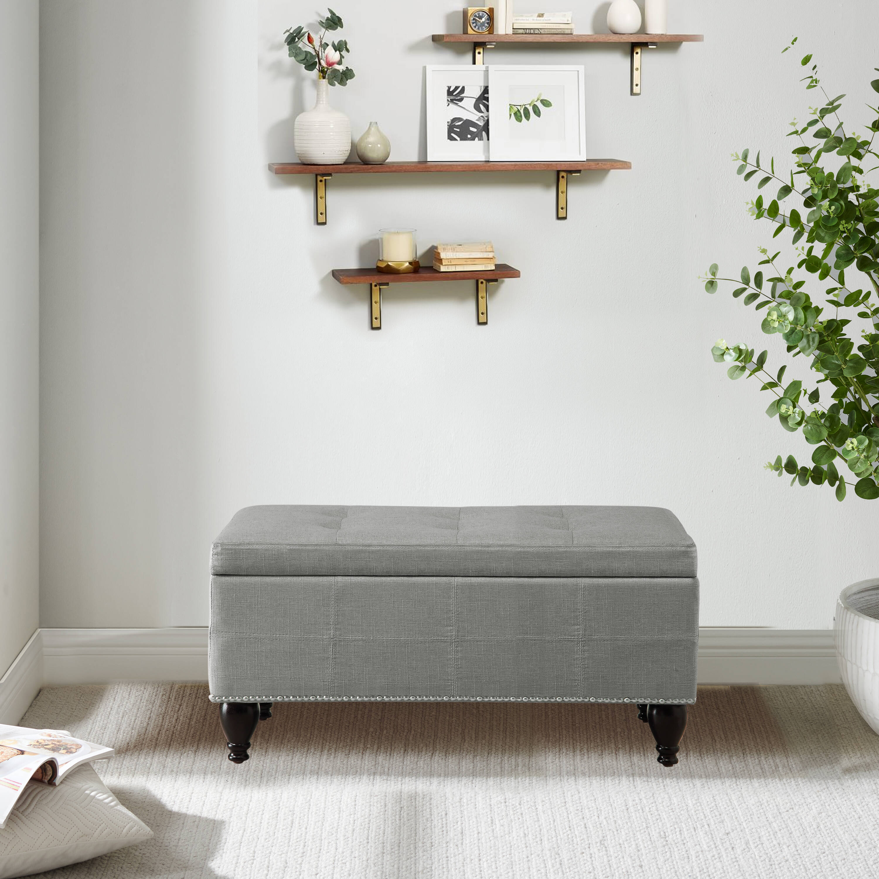 Clihome Modern Gray Storage Bench with Storage 44-in x 17-in x 17-in