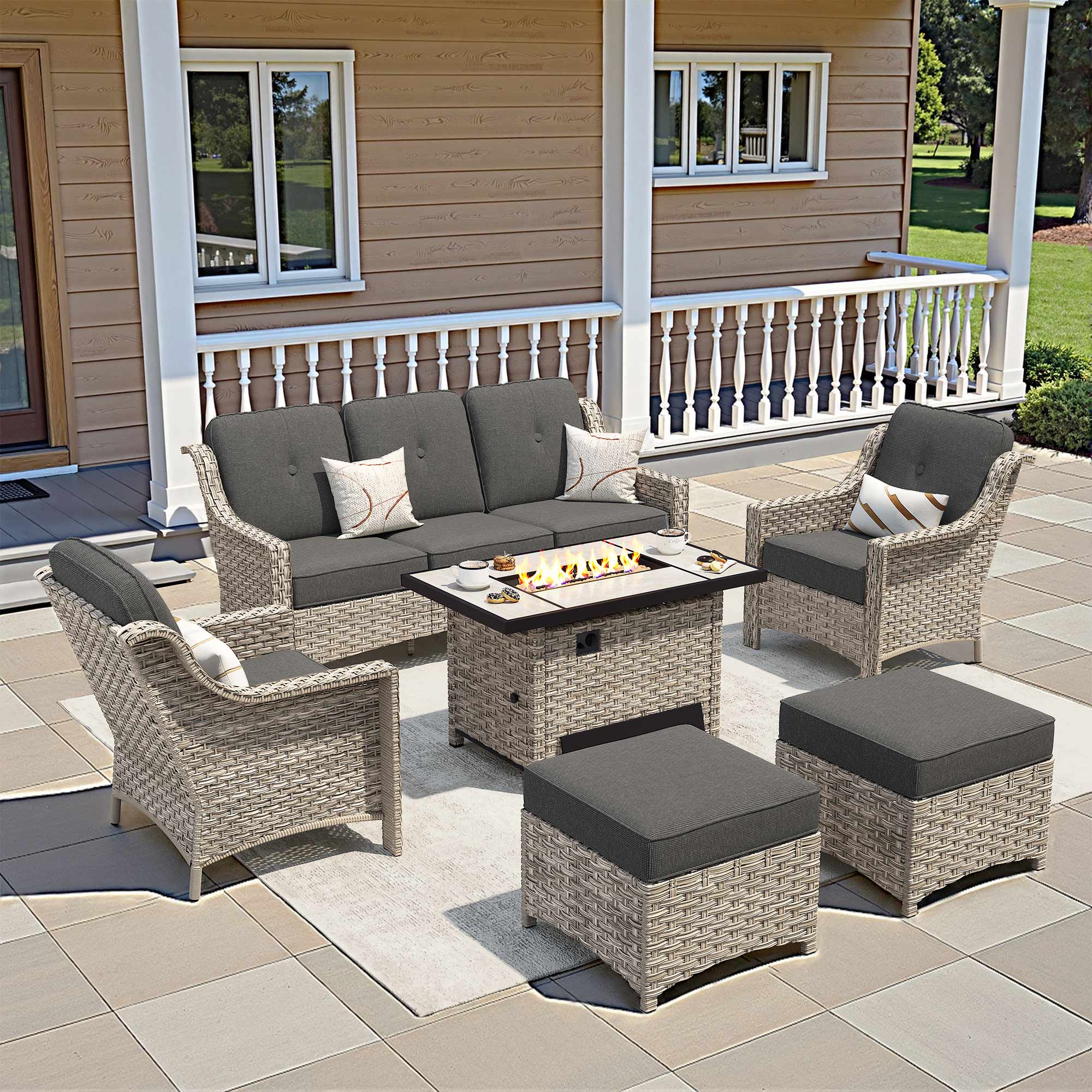 weaxty HMBCFP-PAD106 Aireno 6 -Piece Rattan Patio Sofa Conversation Set with Black Cushions