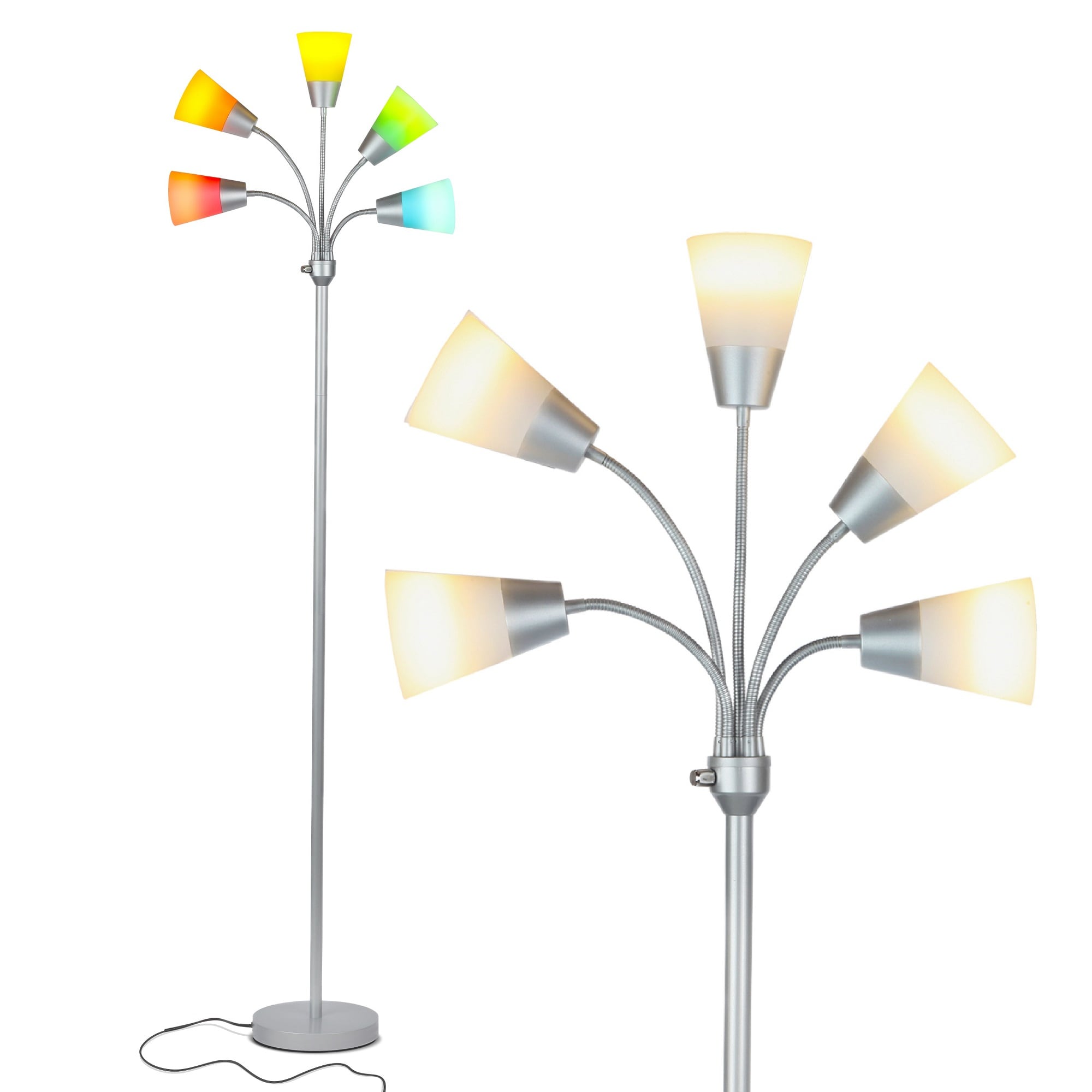 Silver 78" Adjustable 5-Light LED Floor Lamp with White Shades