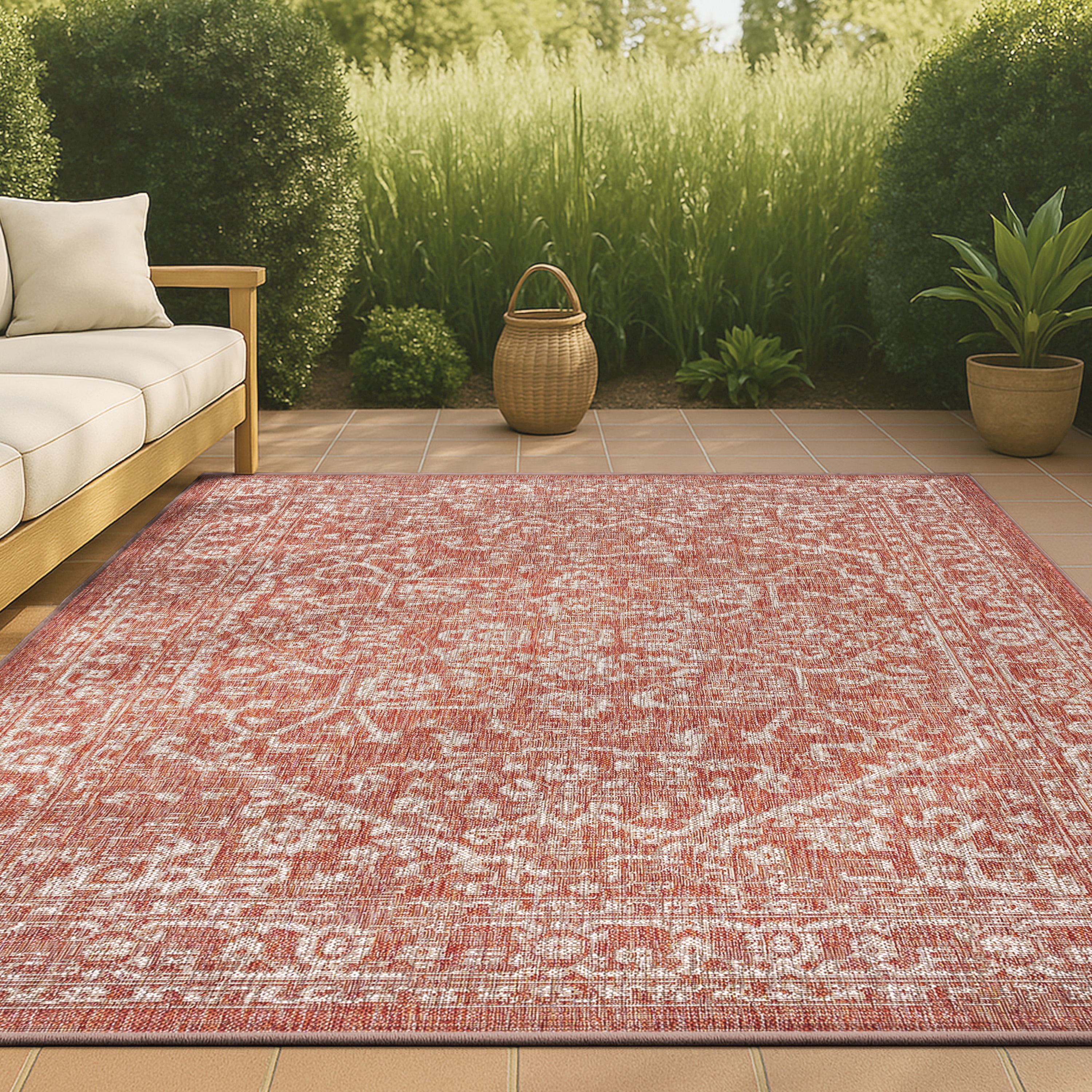 JONATHAN  Y SMB104A-9 Santa Monica Malta Textured Weave 9 x 12 (ft) Loomed Polypropylene Red/Taupe Rectangular Indoor/Outdoor Border Coastal Area rug