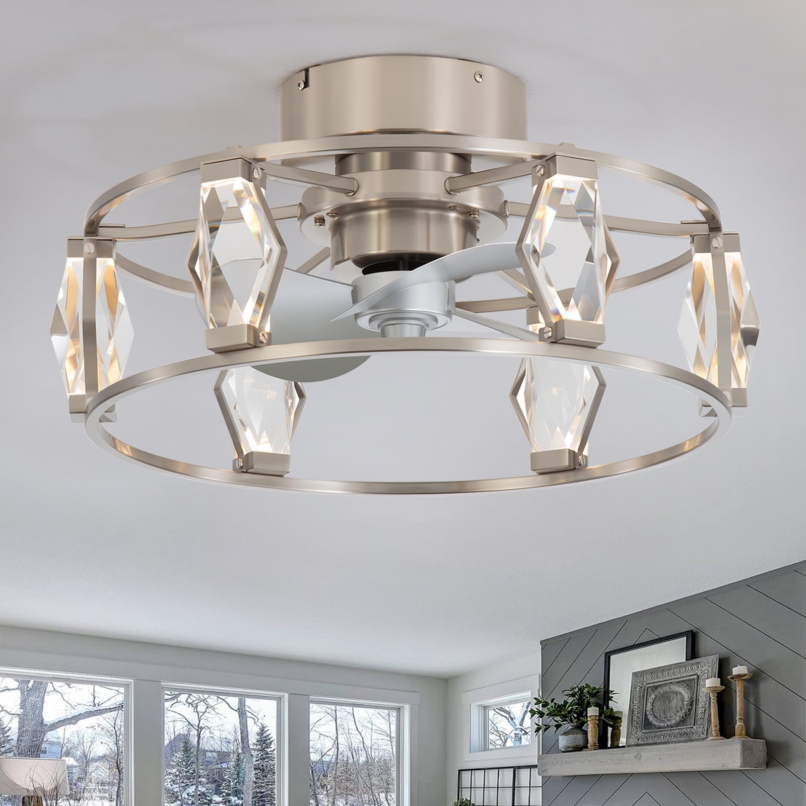 Breezary 31011-SN Crystal-Studded Cage 20-in Integrated LED Flush Mount Satin Nickel with Silver ABS Blades Cage Ceiling Fan With Light 3 -Blade )
