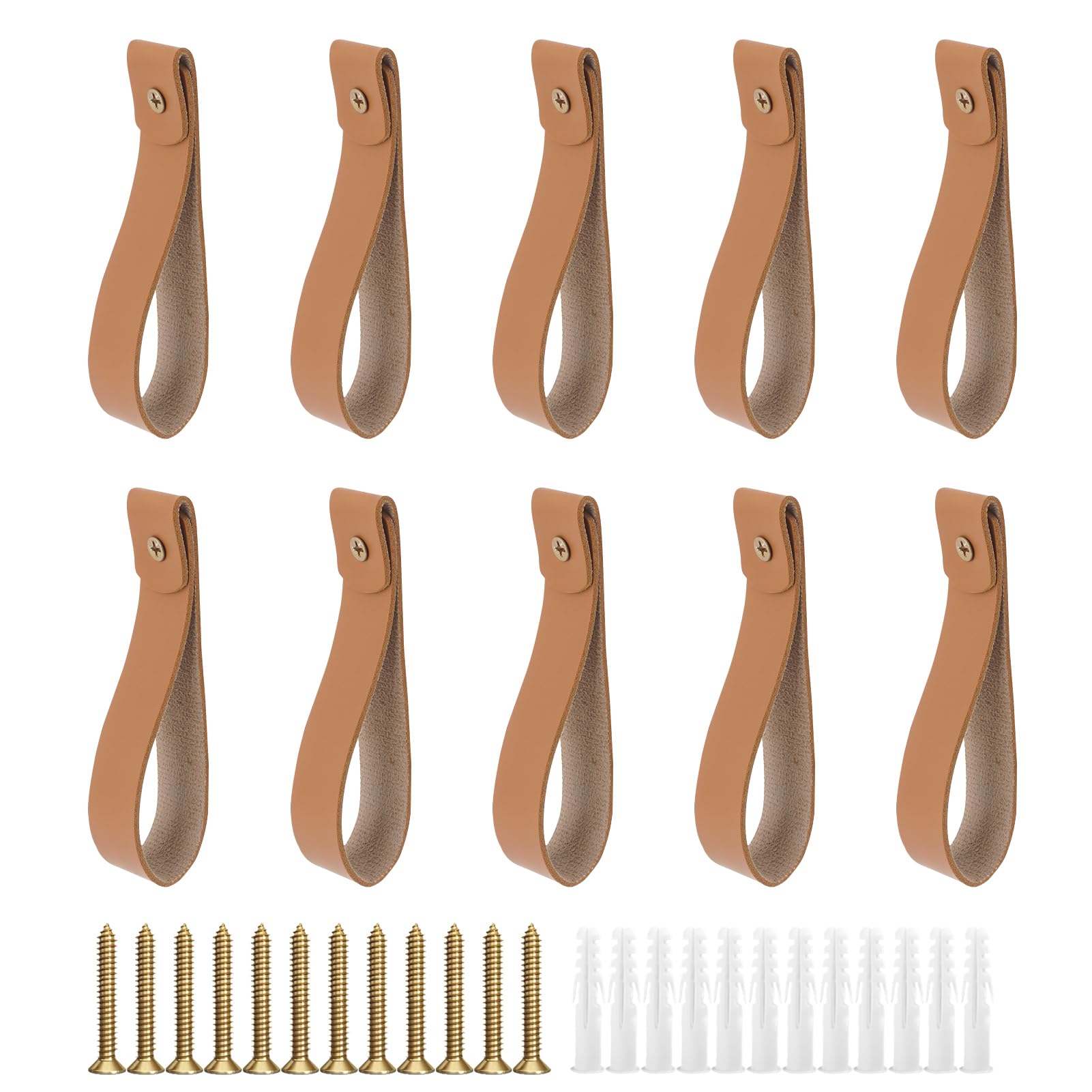Etokfoks  10 piece brown PU leather curtain rod holders decorative wall hooks straps for towels oars and artwork 9 8 in length