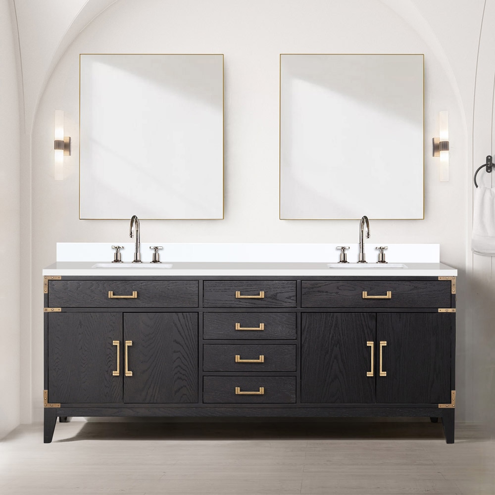 Lexora LVW80DJ201 Wilton 80-in Black Oak Undermount Double Sink Bathroom Vanity with White Quartz Top (Faucet Included)