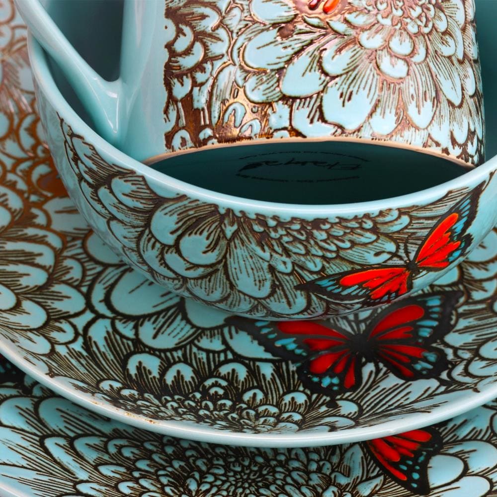 Butterfly Garden Blue and Gold Ceramic Dinnerware Set, Service for 4