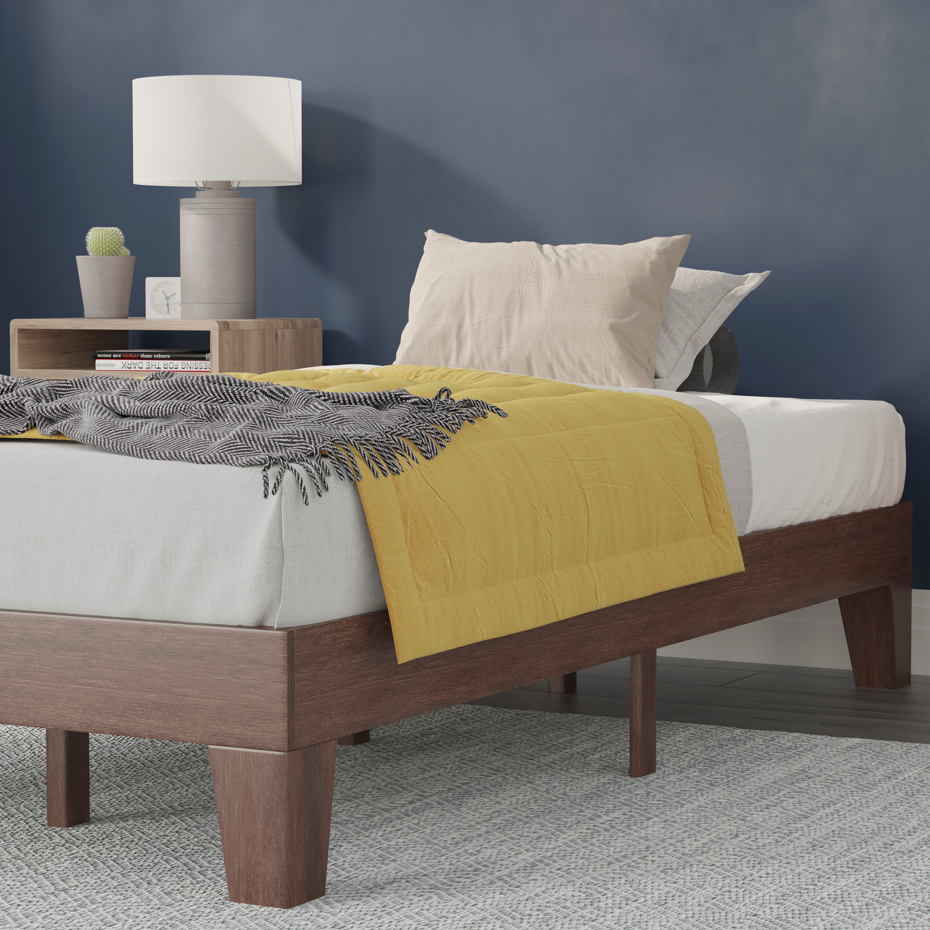 Walnut Twin Wood Platform Bed Frame with Slats