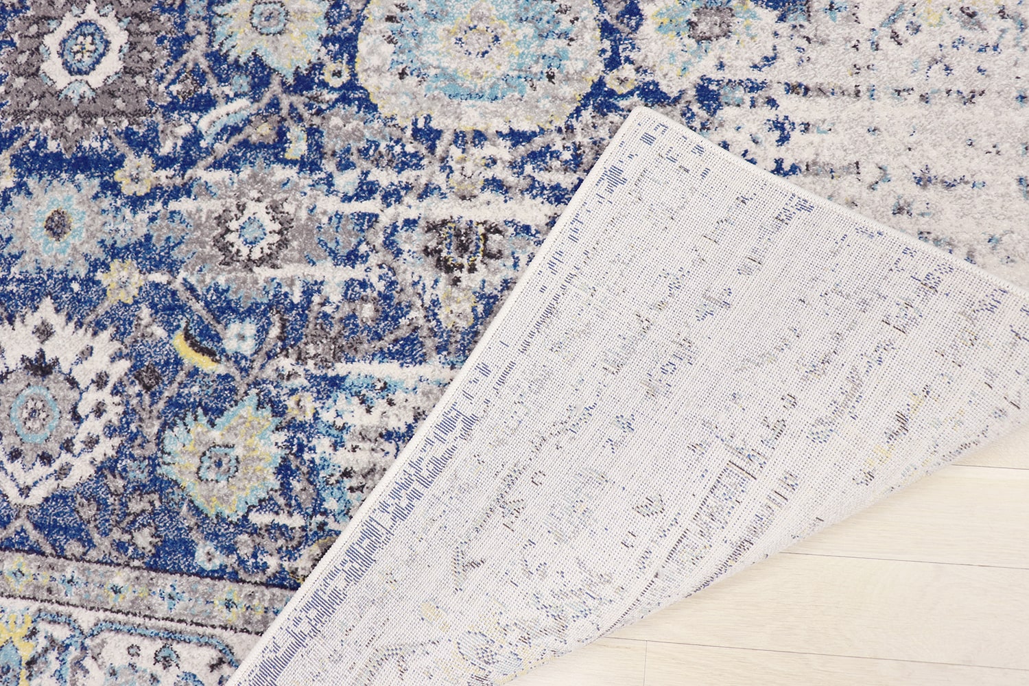 Silver and Blue Rectangular Synthetic Oriental Rug 4' x 6'