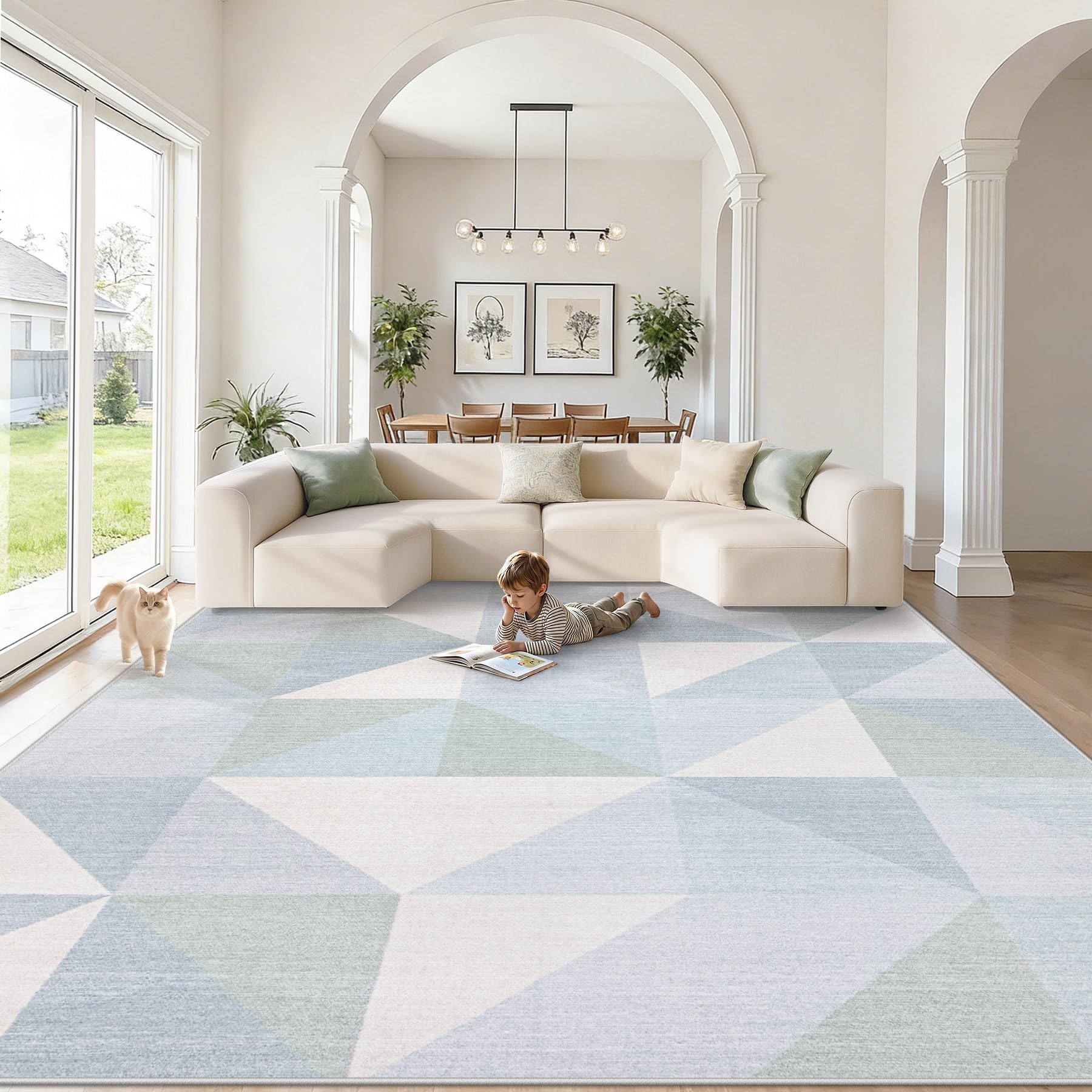 SenQWFa - Washable Area Rug 8x10 Modern Geometric Low Pile Non Slip Soft Stain Resistant Neutral...